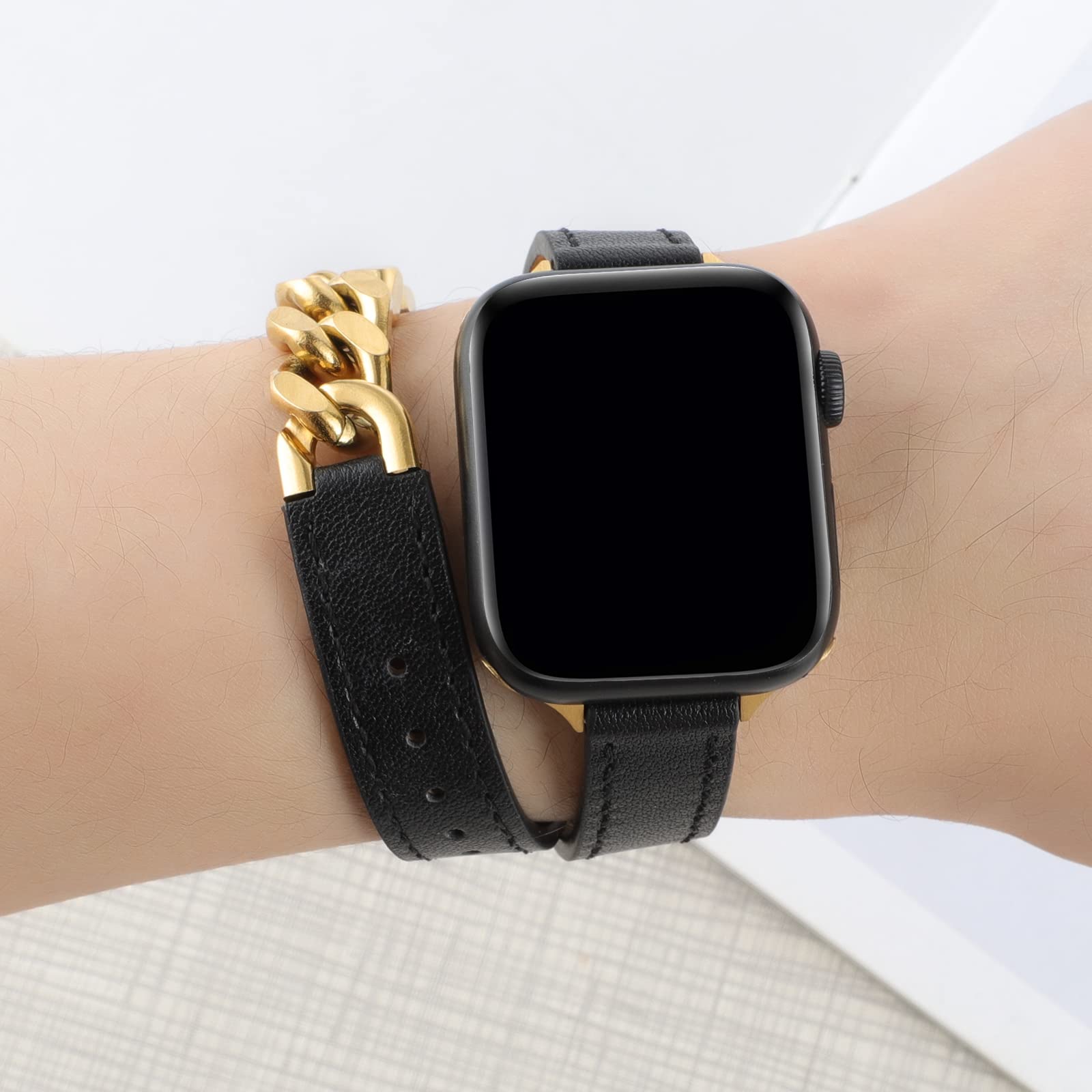 Premium Stainless Steel Leather Band for Apple Watch Series 9/8/7/6/5/4/3/2/SE/Ultra - 49mm 45mm 44mm 42mm 41mm 40mm 38mm Sizes - Cowboy Cuban Chain Bracelet for Men & Women - Perfect for Workouts, Office Wear & Casual Fashion