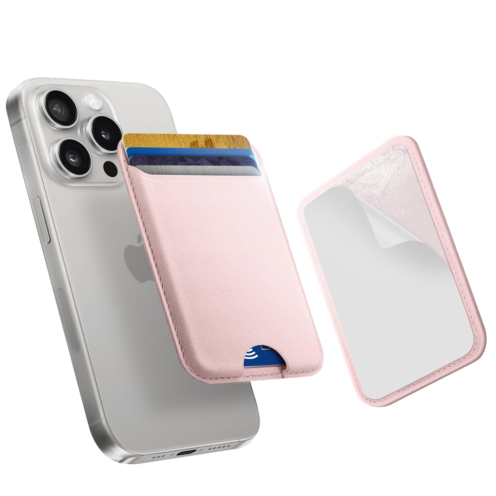 Premium Leather Phone Card Holder Stick On with Strong Adhesive - RFID Blocking Credit Card Wallet for iPhone, Samsung & Android (Holds 4 Cards, Light Pink) - Perfect for Travel, Shopping & Everyday Convenience