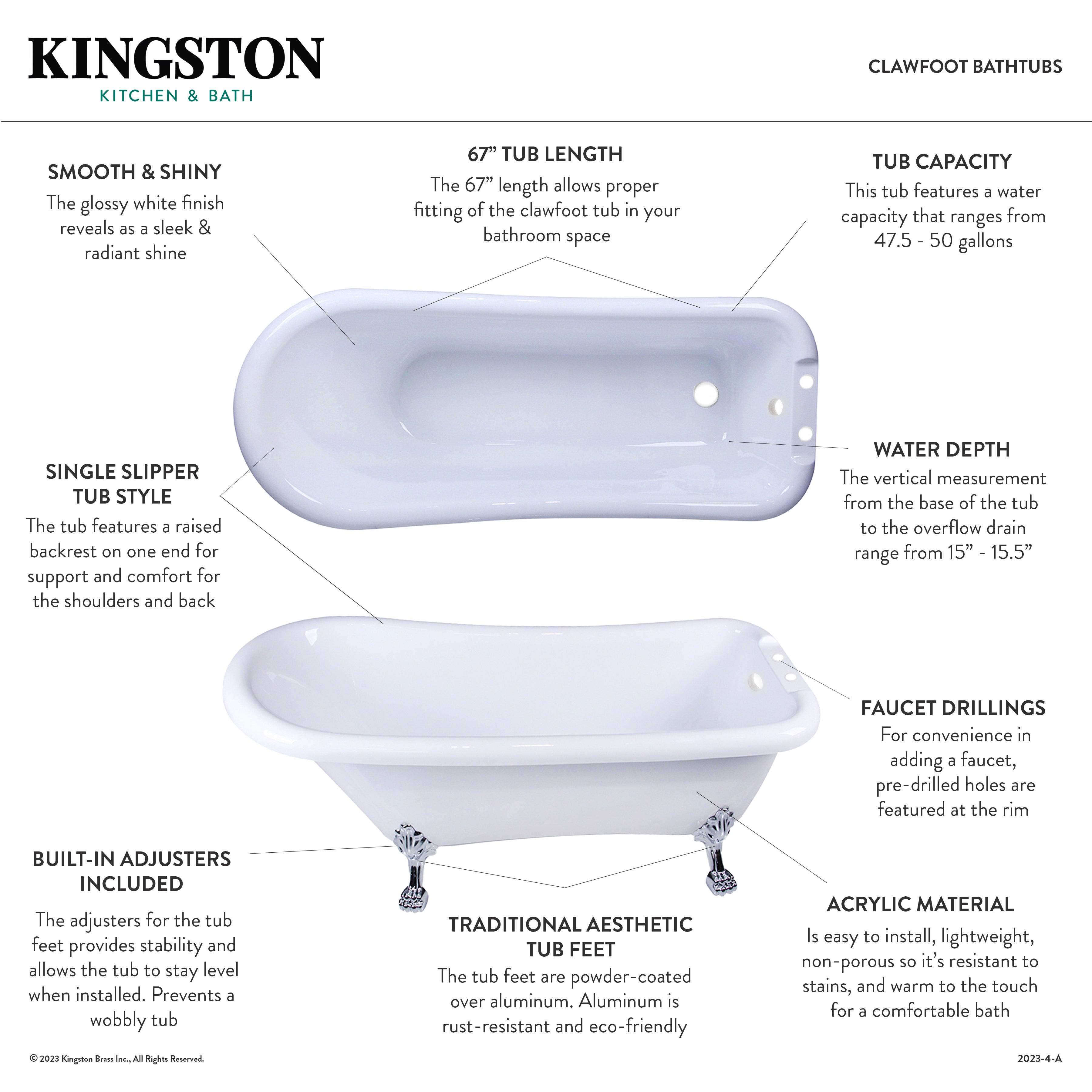 Aqua Eden VT7DE672826WAC5 67-Inch Acrylic Classic Flat Rim Single Slipper Clawfoot Bathtub with 7-Inch Faucet Drillings - Glossy White & Oil Rubbed Bronze Finish - Freestanding Soaking Tub for Luxury Bathroom & Spa Retreat