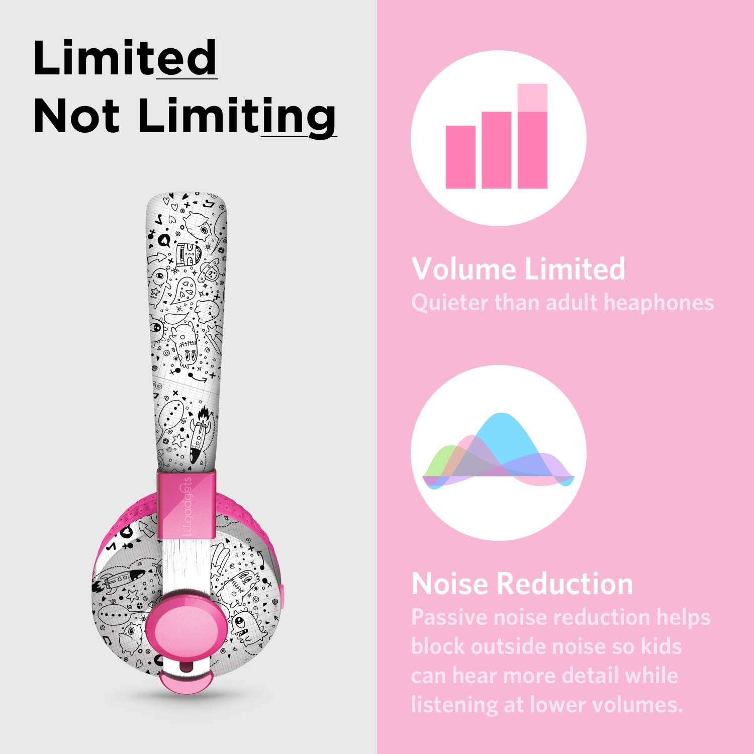 LilGadgets Untangled Pro Wireless Kids Headphones - On-Ear Design with Volume Limiter & Built-in Mic | Safe for School, Travel & Home Use | SharePort Technology & SoftTouch Padding | Doodle Design