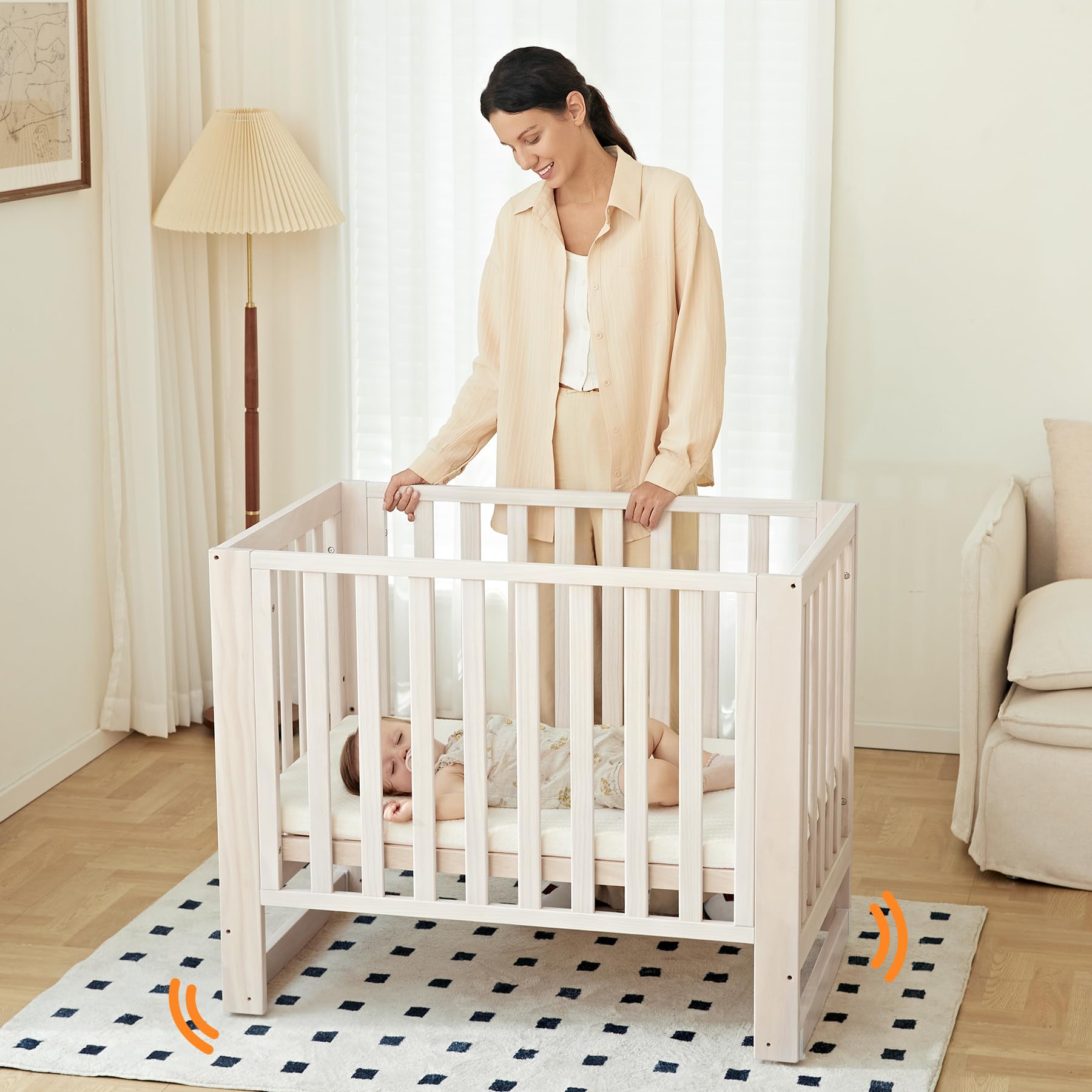EvoNest 11-in-1 Convertible Baby Crib with Wheels | 100% New Zealand Pinewood | 4 Adjustable Mattress Heights | Washable Natural Finish | Mini Crib for Nursery, Bedroom & Small Spaces