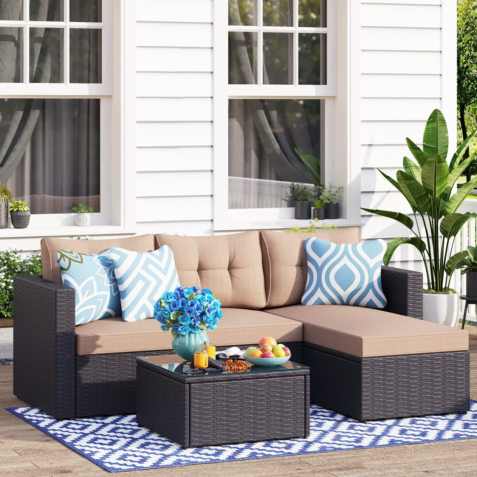 PHI VILLA 3-Piece All-Weather Outdoor Patio Sofa Set - L-Shaped Wicker Sectional Conversation Set with Cushions & Coffee Table (Beige) | Perfect for Small Balcony, Backyard, Garden & Poolside Relaxation