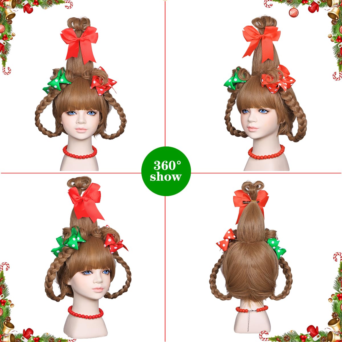 Brown Braided Kids Costume Wig with Red & Green Polka Dot Bows & Beaded Necklace - Perfect for Christmas Parties, Halloween Dress Up, Cosplay & School Plays
