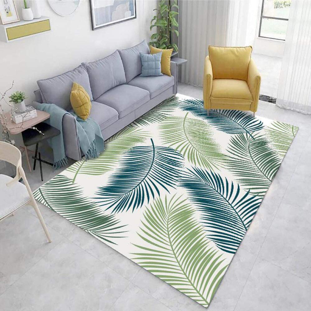 Large Green Leaves Print Nordic Minimalist Area Rug - 160x230cm (63x91in) Non-Slip Natural Landscape Carpet for Bedroom, Living Room & Farmhouse Decor | Perfect for Cozy Home, Boho Style & Modern Interior Design