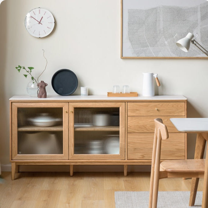 Solid Oak Wood Sideboard Buffet Cabinet - Rustic Dining Room Storage for Dishes, Linens & Entertaining Essentials