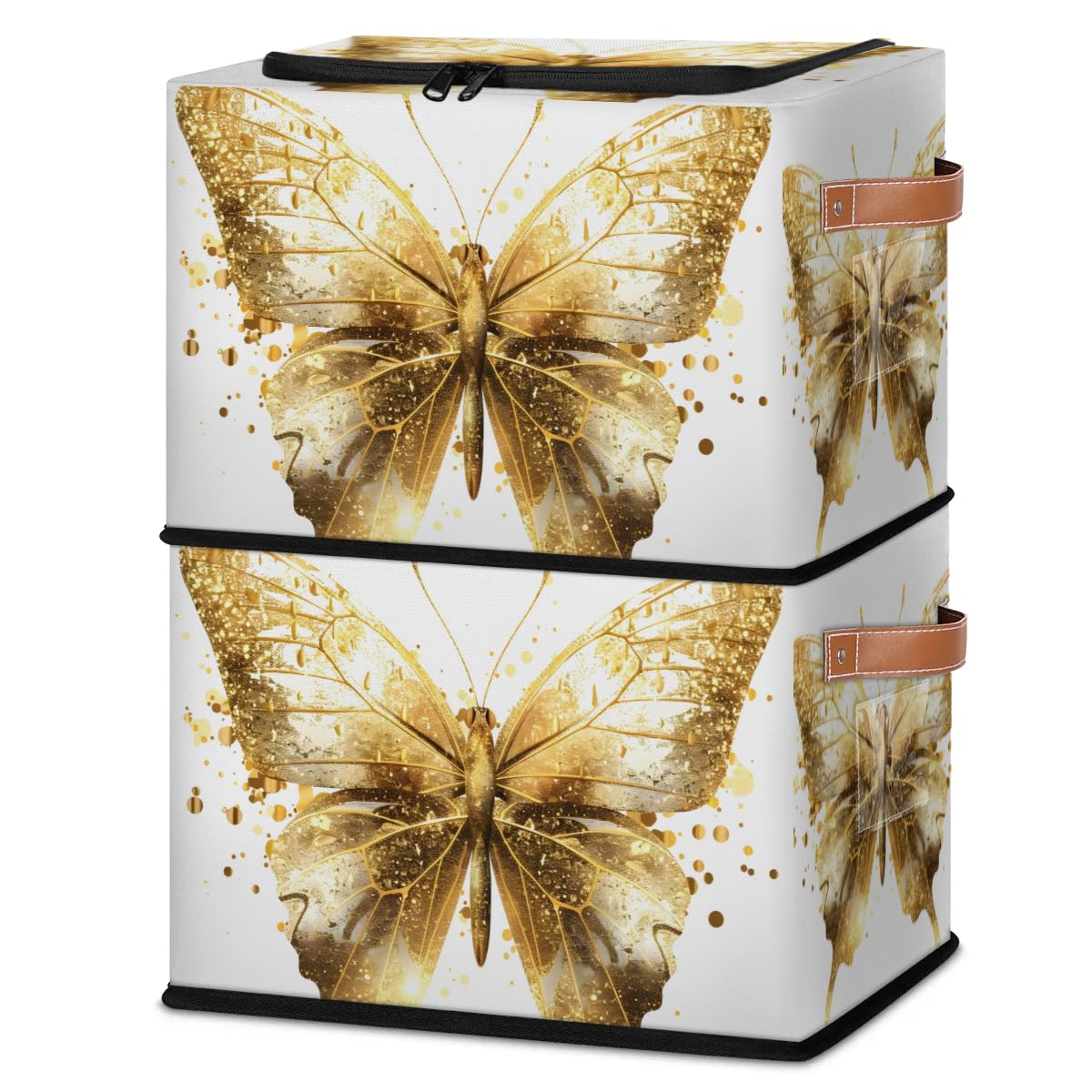 Gold Butterfly Storage Boxes with Sturdy Handles & Zipper Lid - 2 Pack Organizer Bins for Clothing, Toys, and Home Organization | Perfect for Bedroom, Closet, and Kids Room Storage
