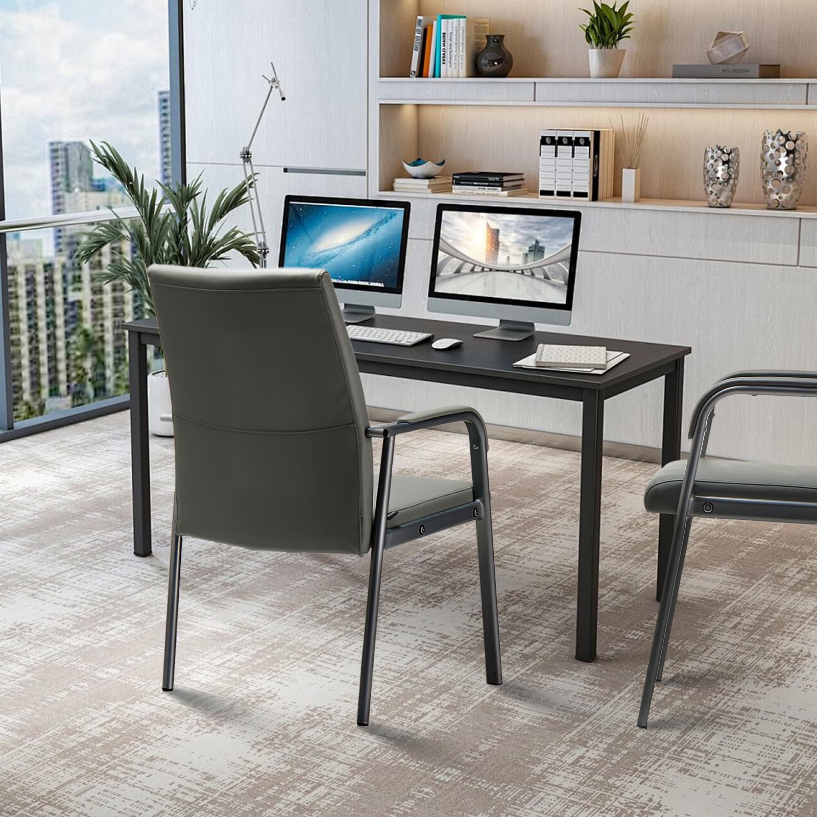 Heavy Duty Office Guest Reception Chair - 600 lbs Capacity Leather Conference Room Chair with Padded Armrests, No Wheels Desk Chair in Grey - Perfect for Waiting Areas, Meeting Rooms & Executive Offices