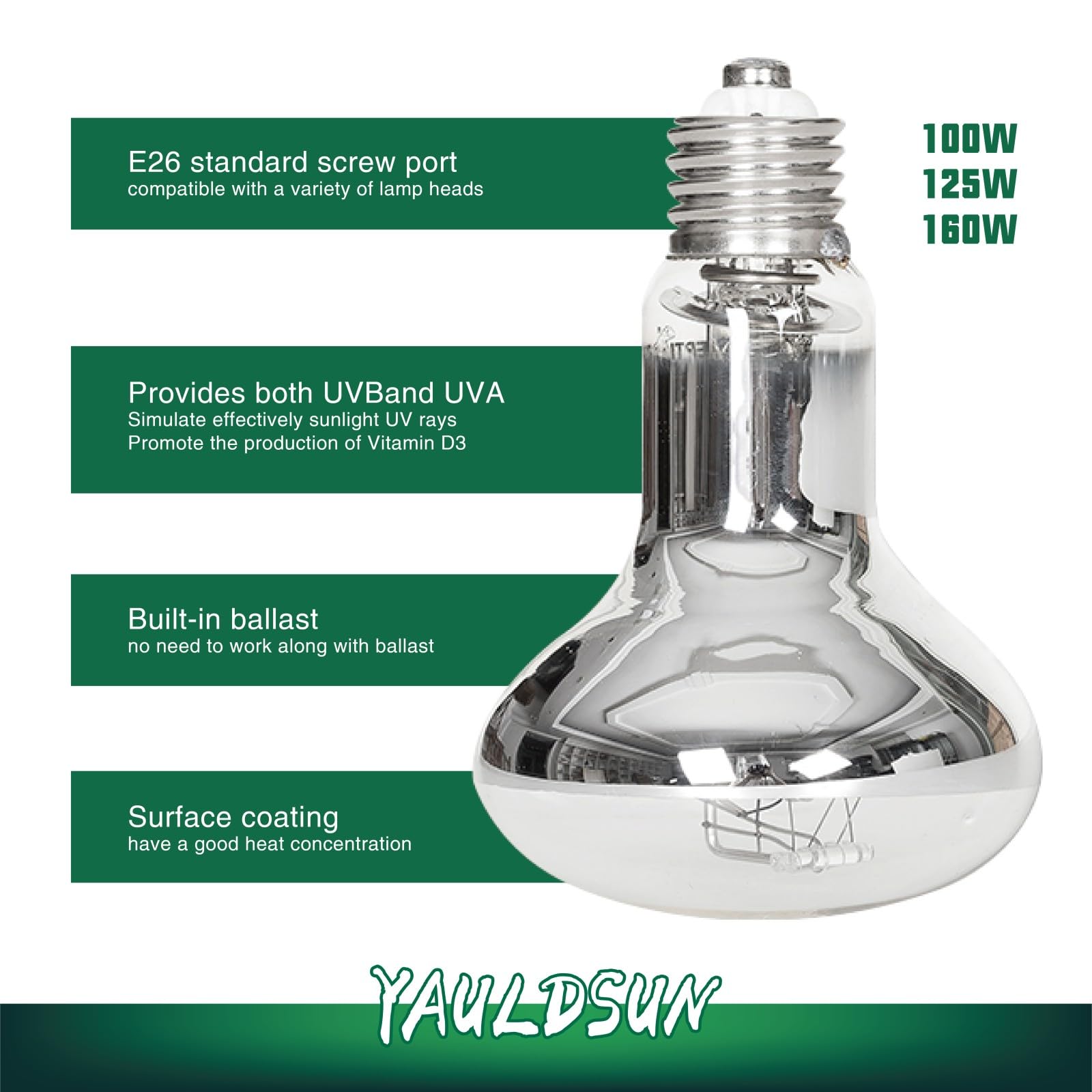 160W UVB UVA Reptile Heat Lamp - Basking Bulb for Bearded Dragons, Lizards, Turtles & Tortoises | Sun Lamp for Amphibians & Reptile Terrariums (1 Pack) - Ideal for Desert & Tropical Habitat Setups
