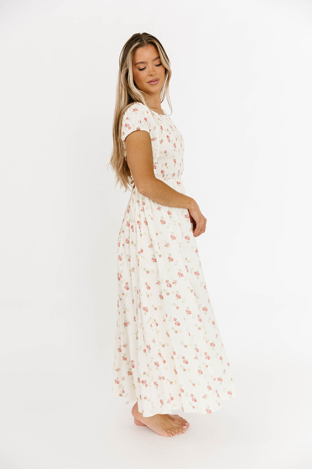 Denise 100% Cotton Smocked Maxi Dress with Piecing and Strappy Back in Cream Floral - Perfect for Summer Weddings, Beach Vacations & Boho Fashion