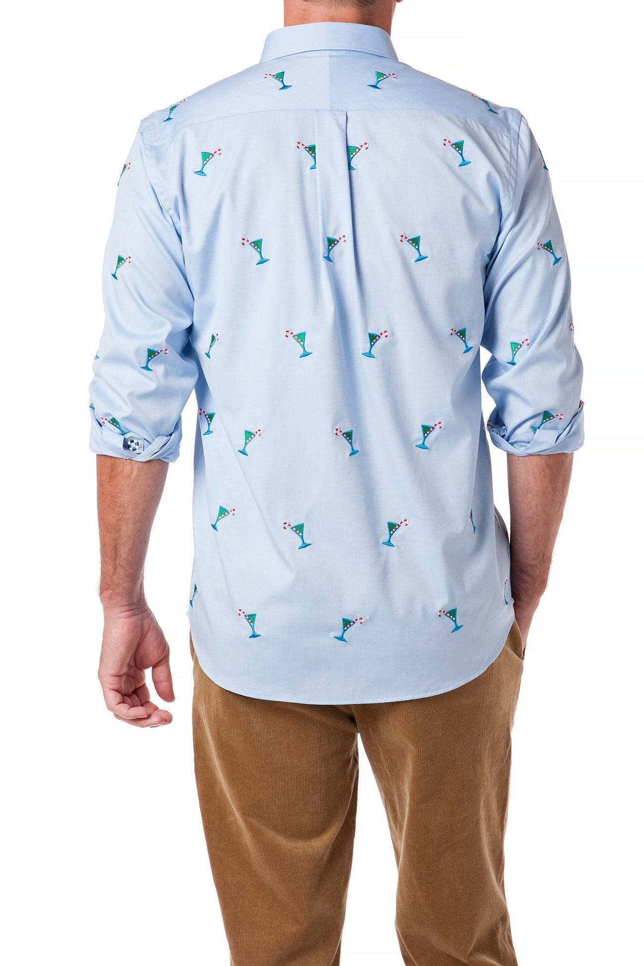 Straight Wharf Men's Blue Oxford Shirt with Martini Candy Cane Print - Perfect for Casual Wear, Office & Holiday Parties