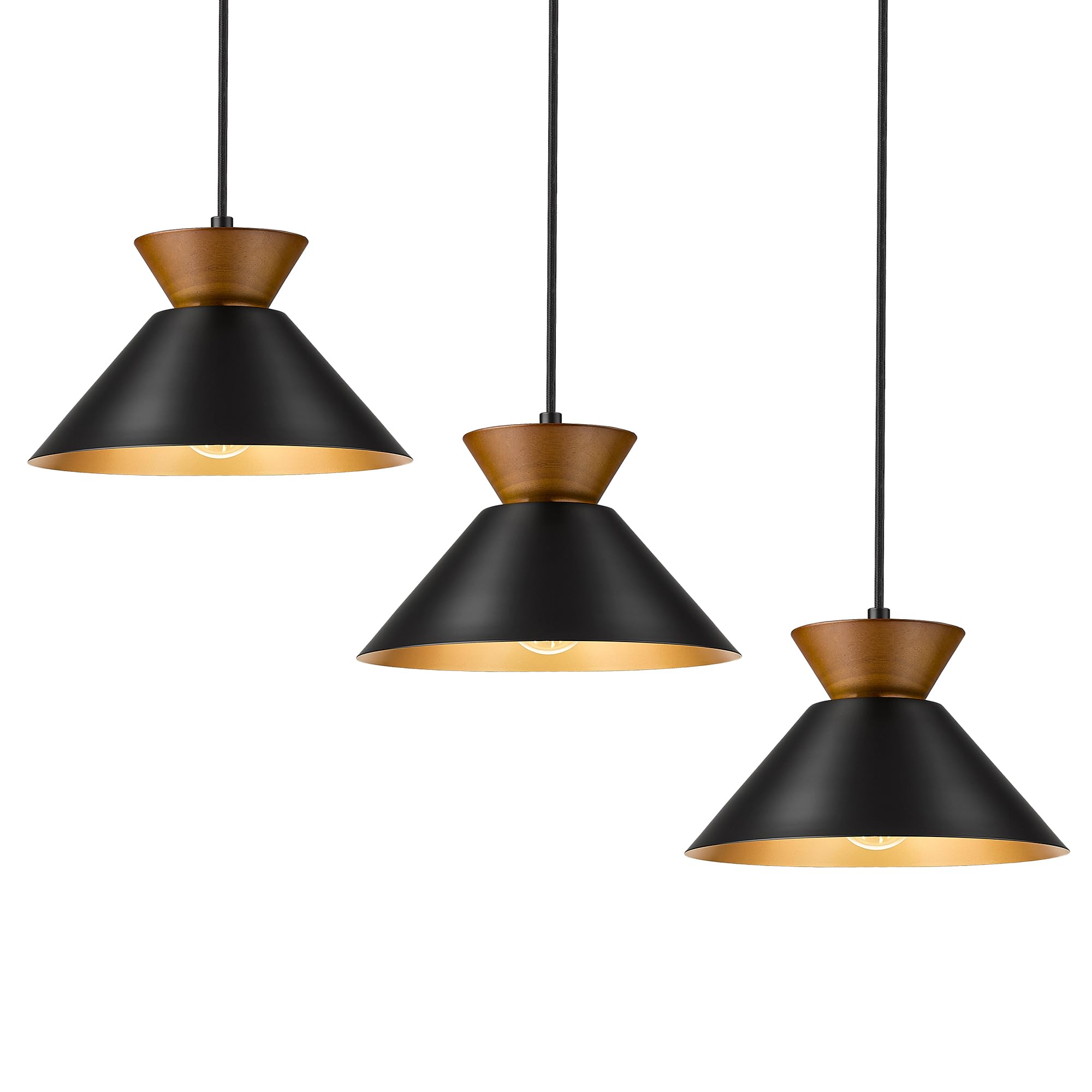 ELYONA 3 Pack Modern Pendant Lights for Kitchen Island - Solid Wood Hanging Lamps with Matte Black Metal Shade & Gold Inner Finish - Farmhouse Style Lighting Fixtures for Dining Room, Bedroom, Living Room - Perfect for Home Decor, Restaurant, and Cafe Ambiance
