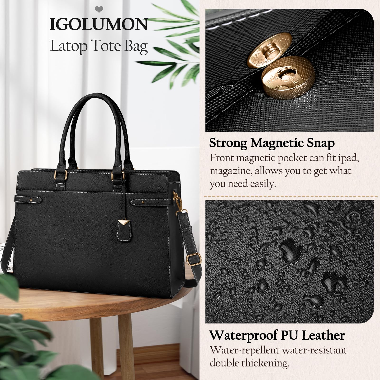 IGOLUMON 15.6 Inch Leather Laptop Bag for Women - Waterproof Professional Work Tote Bag with Large Capacity, Shoulder Briefcase Handbag (Black) - Perfect for Business Travel, Office Commute & Daily Use