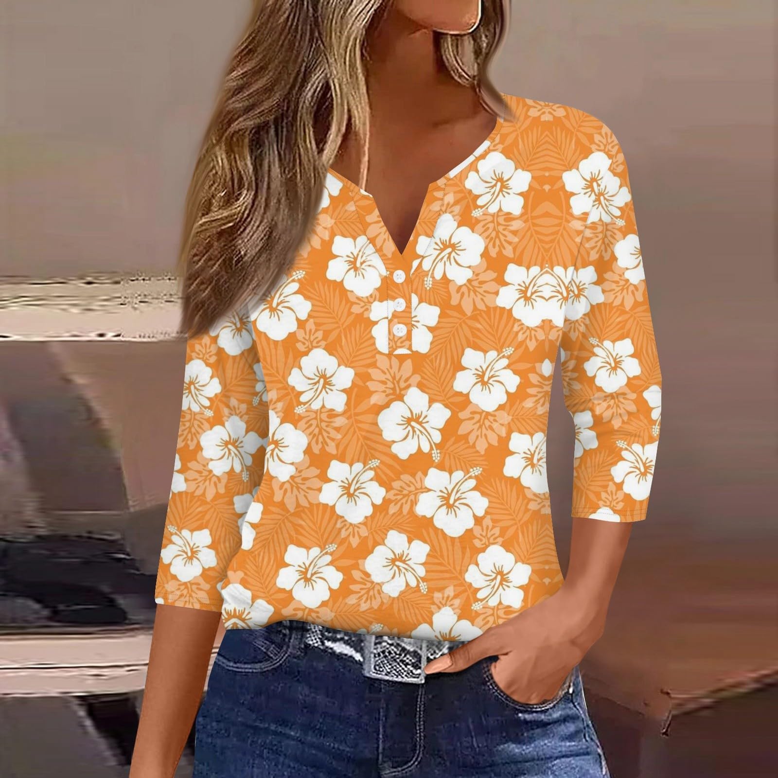 Trendy 3/4 Sleeve V-Neck Floral Blouse for Women - Loose Fit Casual Summer Top 2024 - Perfect for Beach Outings, Date Nights & Office Wear