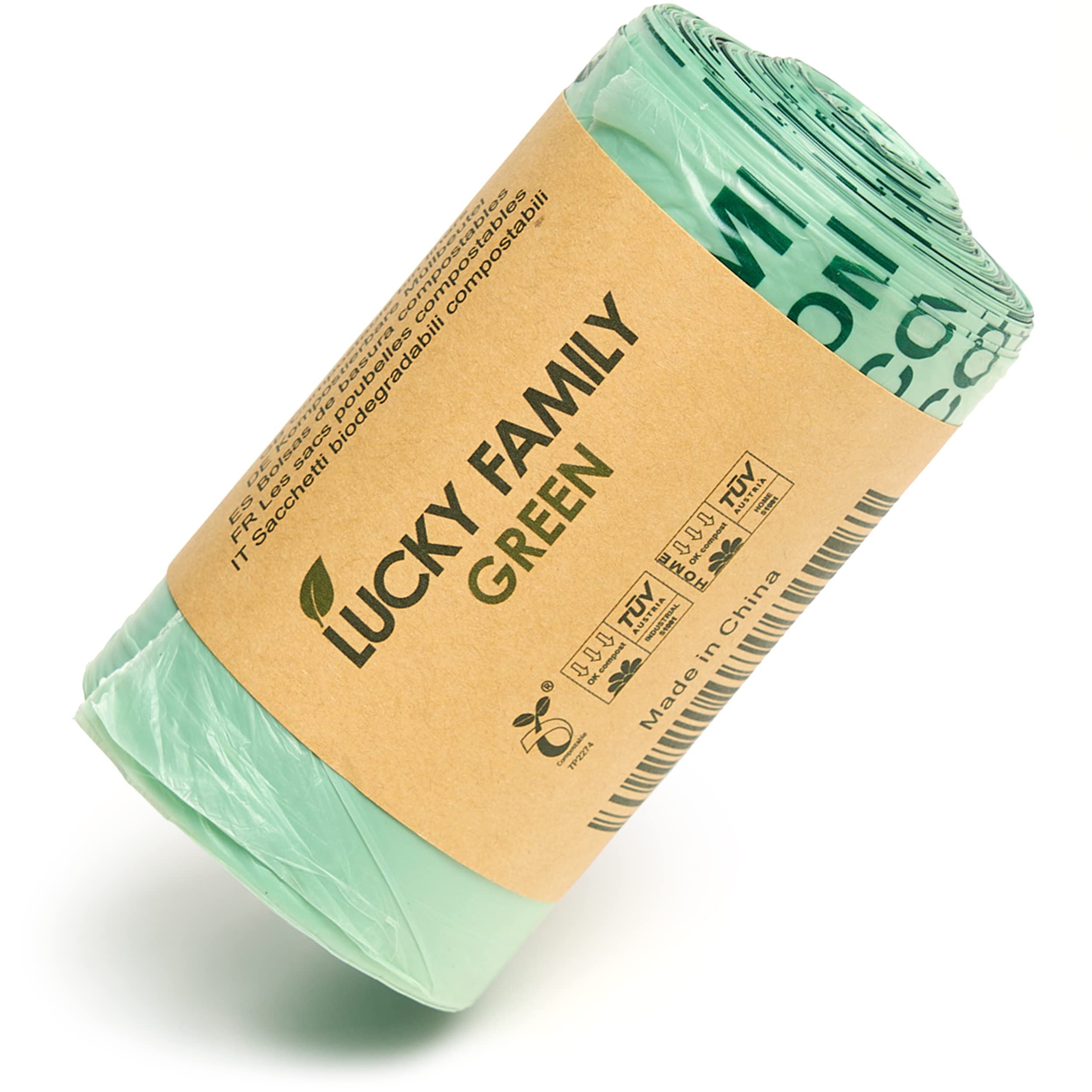 Lucky Family 13 Gallon Compostable Trash Bags - 100% Biodegradable & Eco-Friendly Kitchen Waste Bags for Food Scraps - 25 Count Roll - Perfect for Countertop Compost Bins, Organic Waste Disposal & Sustainable Living
