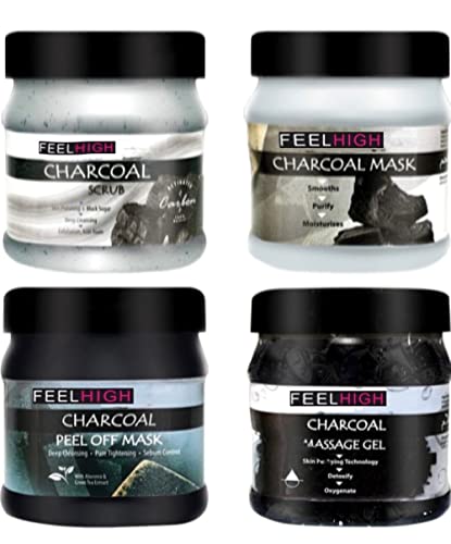 Feelhigh Charcoal Facial Combo Set - 4-in-1 Skincare Kit with Charcoal Scrub, Cream, Gel & Mask for Men & Women - Deep Cleansing & Detoxifying - Perfect for Daily Skincare Routine & Spa Night