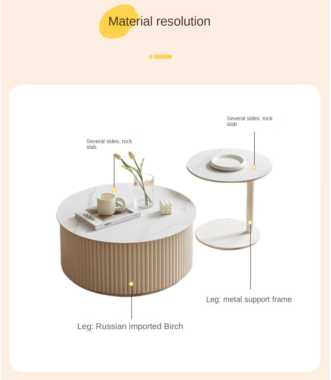 Birch Solid Wood Cream Style Rock Plate Coffee Table - Modern Scandinavian Living Room Furniture for Small Spaces, Home Decor, and Cozy Gatherings