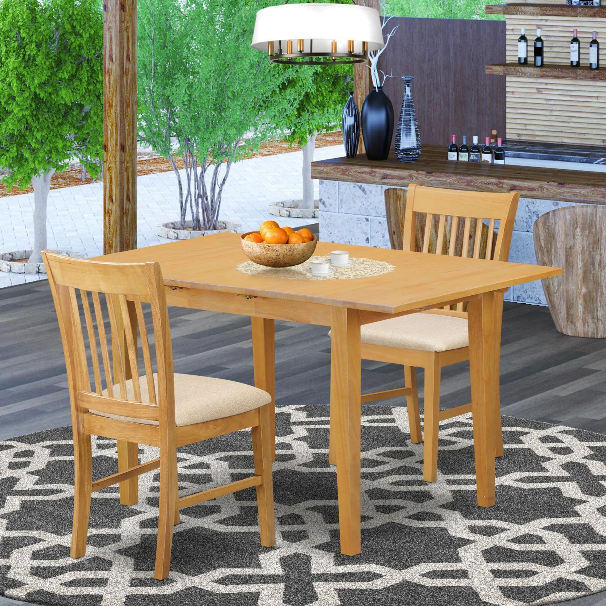 East West Furniture Norfolk 3-Piece Dining Set - 32x54 Inch Oak Wooden Table with Butterfly Leaf & 2 Linen Fabric Chairs - Perfect for Kitchen, Dining Room & Small Space Entertaining