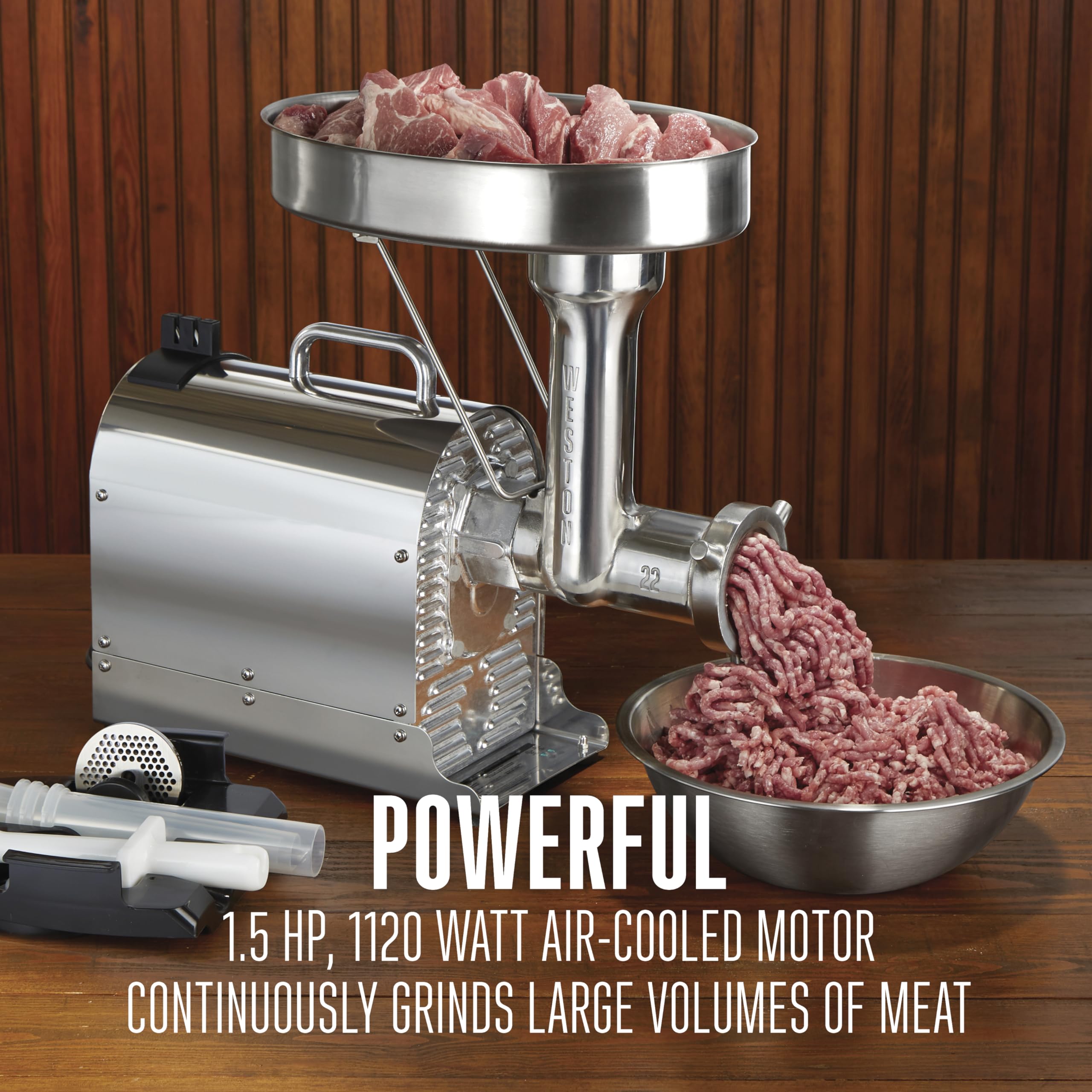 Weston Pro Series 1120W Commercial Electric Meat Grinder - 1.5HP Heavy Duty Stainless Steel - Grinds 14lbs Per Minute (Model 10-2201-W) - Perfect for Butcher Shops, Restaurants & Home Meat Processing