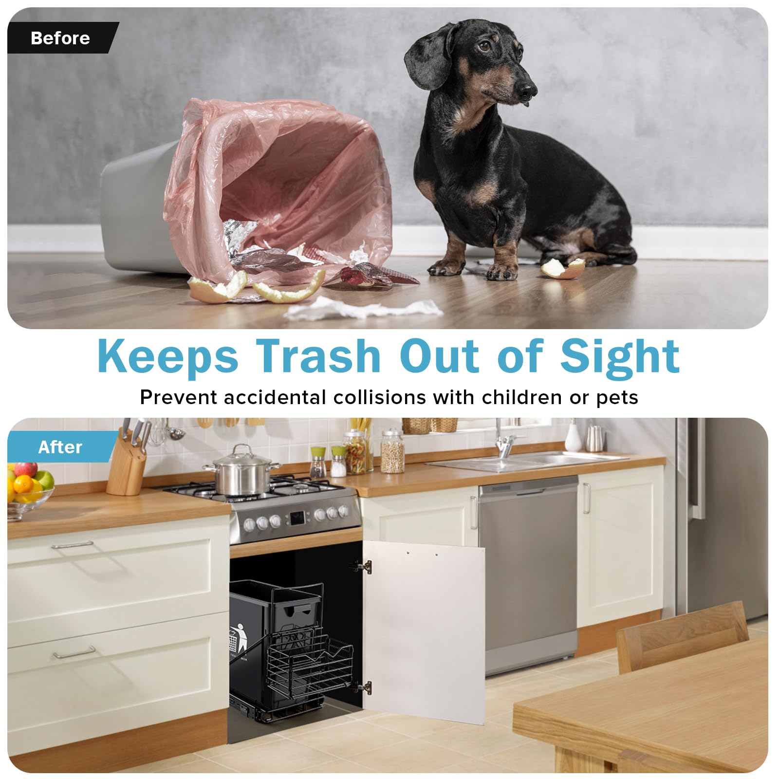 Under Cabinet Pull Out Trash Can with Detachable Front Basket - Hidden Kitchen Garbage Bin for Sink Storage, Perfect for Small Spaces & Easy Garbage Bag Access (Trash Can Not Included) - Ideal for Kitchens, Bathrooms & RVs