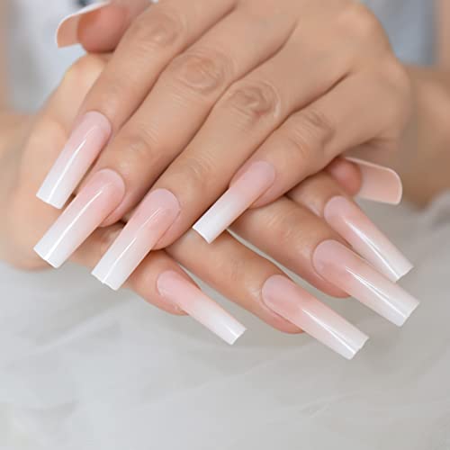 Pink White Ombre Glossy Press On Nails - Long Square Fake Nails Full Cover Acrylic Tips for Salon & DIY | Perfect for Parties, Weddings, and Special Occasions