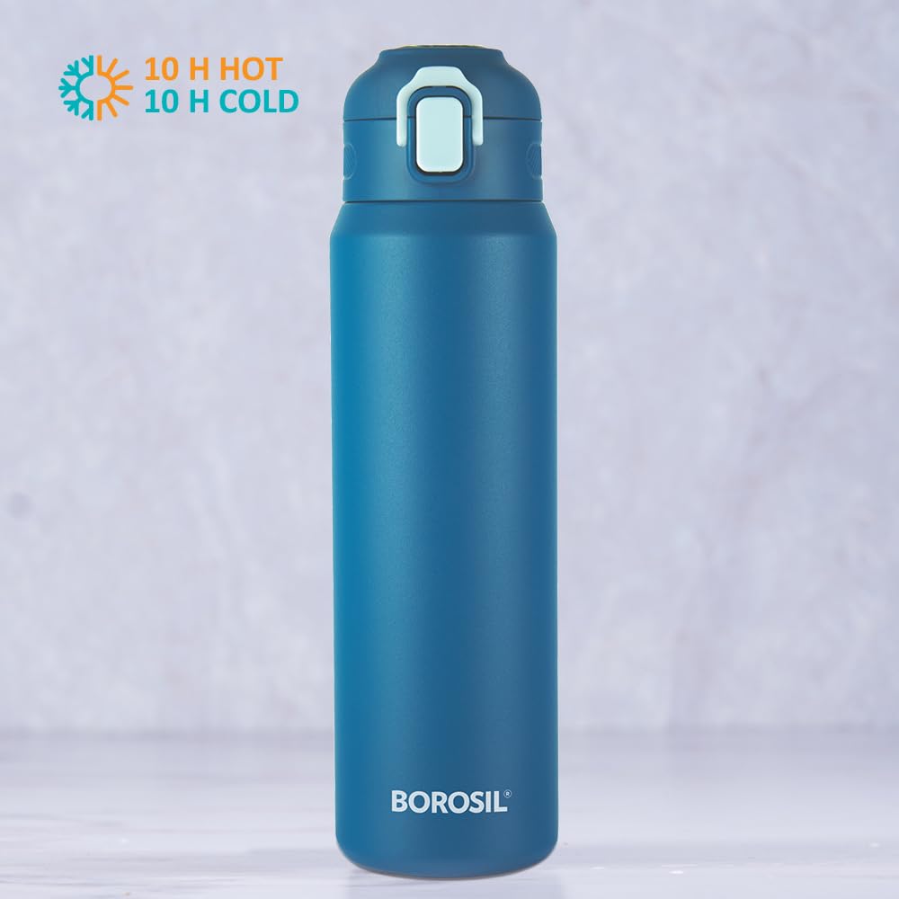 Borosil Aquasport 800ml Stainless Steel Insulated Water Bottle - 10 Hours Hot & Cold Retention, Double Wall Vacuum Insulated Flask for Office, Gym, School, Hiking & Outdoor Activities - 1 Year Warranty (Blue)