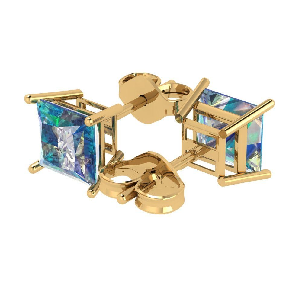 4.0 Carat Princess Cut Genuine Blue Moissanite Stud Earrings in 14K Solid Yellow Gold - Perfect for Weddings, Anniversaries & Special Occasions