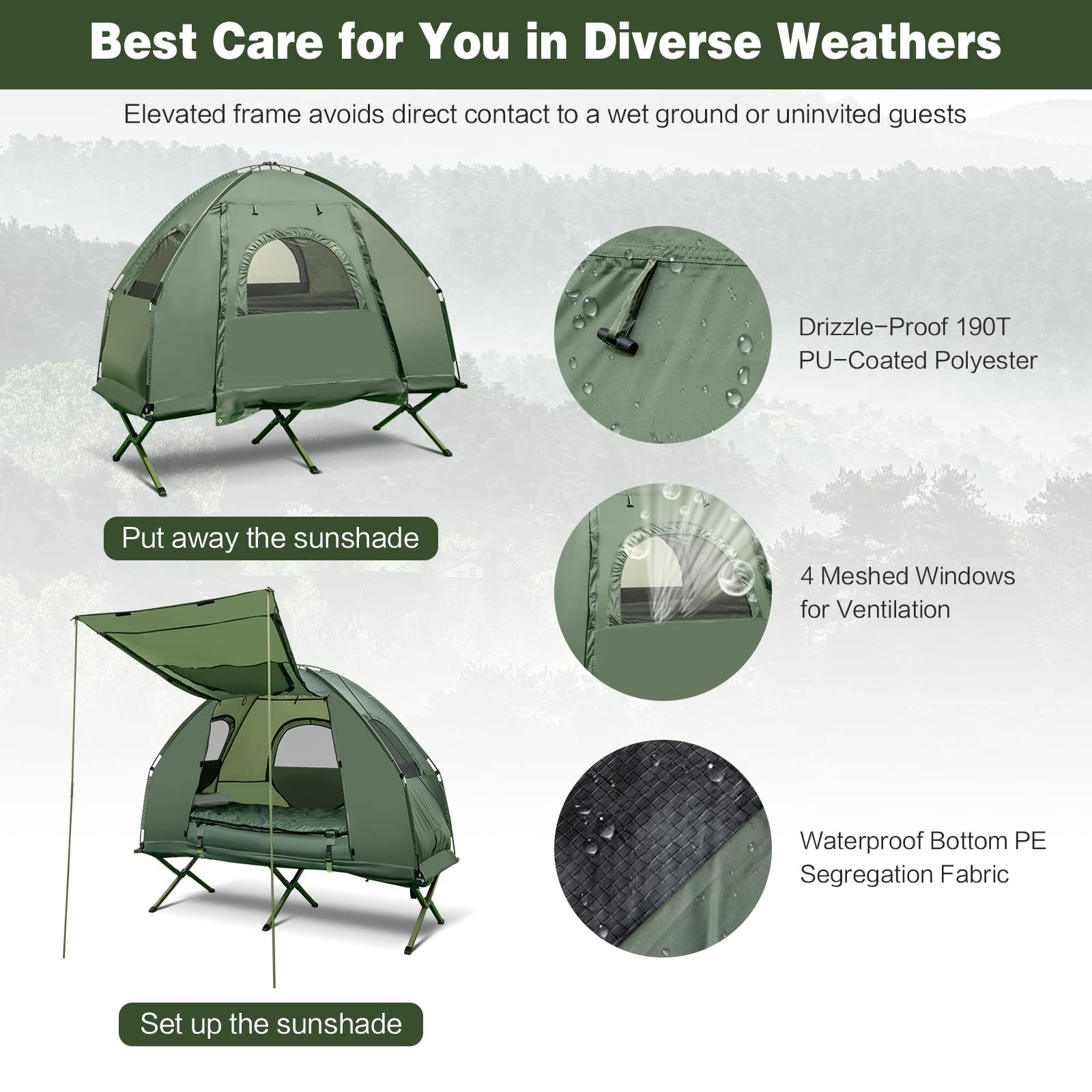 Nightcore Single Person Camping Tent with Air Mattress & Pillow - Portable Folding Cot with Metal Frame, Polyester Canopy & Sleeping Bag - Military Green (76”x31”x63”) for Outdoor Adventures, Backpacking, Hiking & Family Picnics