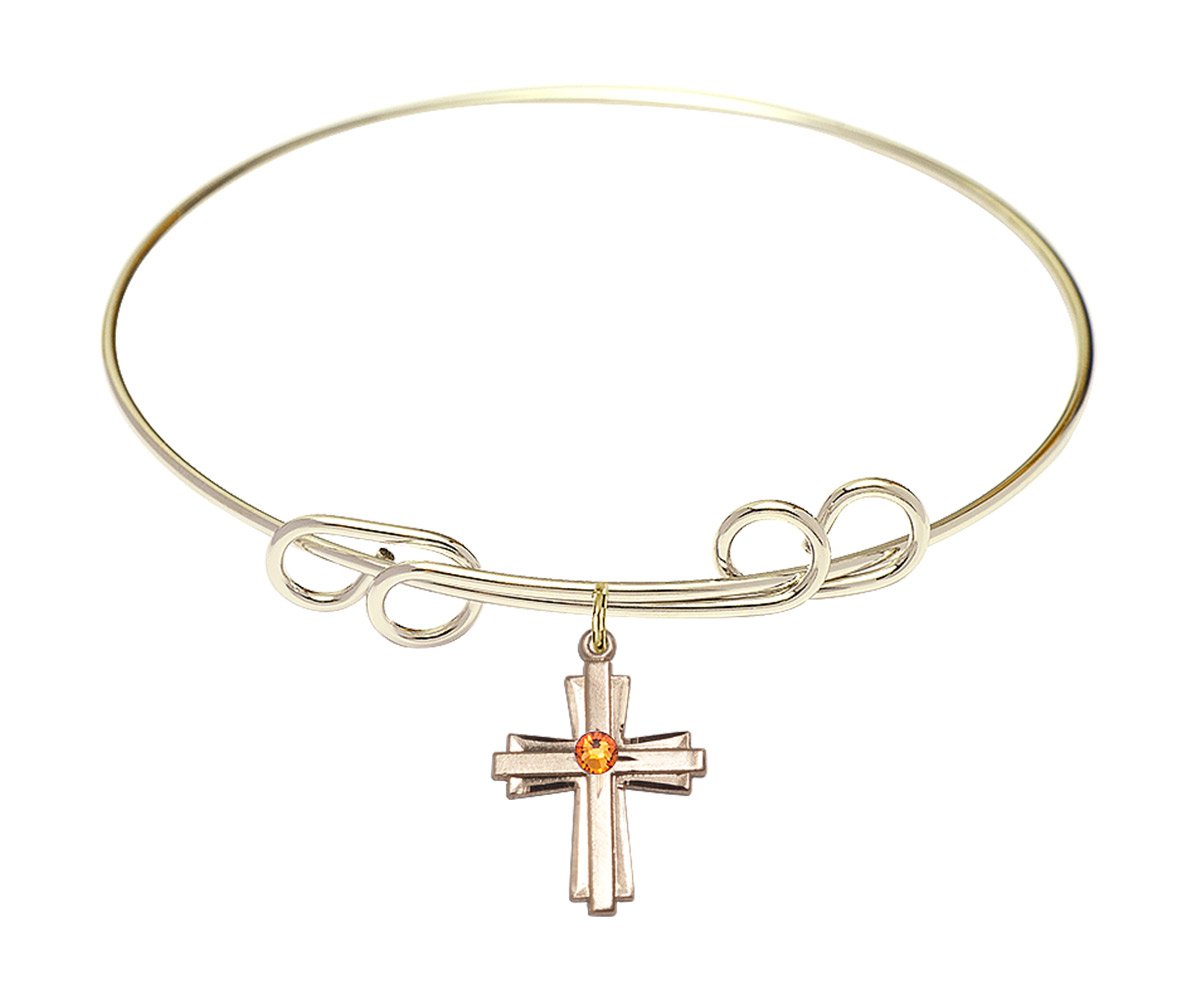 8 Inch Round Double Loop Bangle Bracelet with Cross Medal Charm & November Yellow Crystal - Elegant Jewelry for Women, Perfect for Church, Weddings, and Special Occasions
