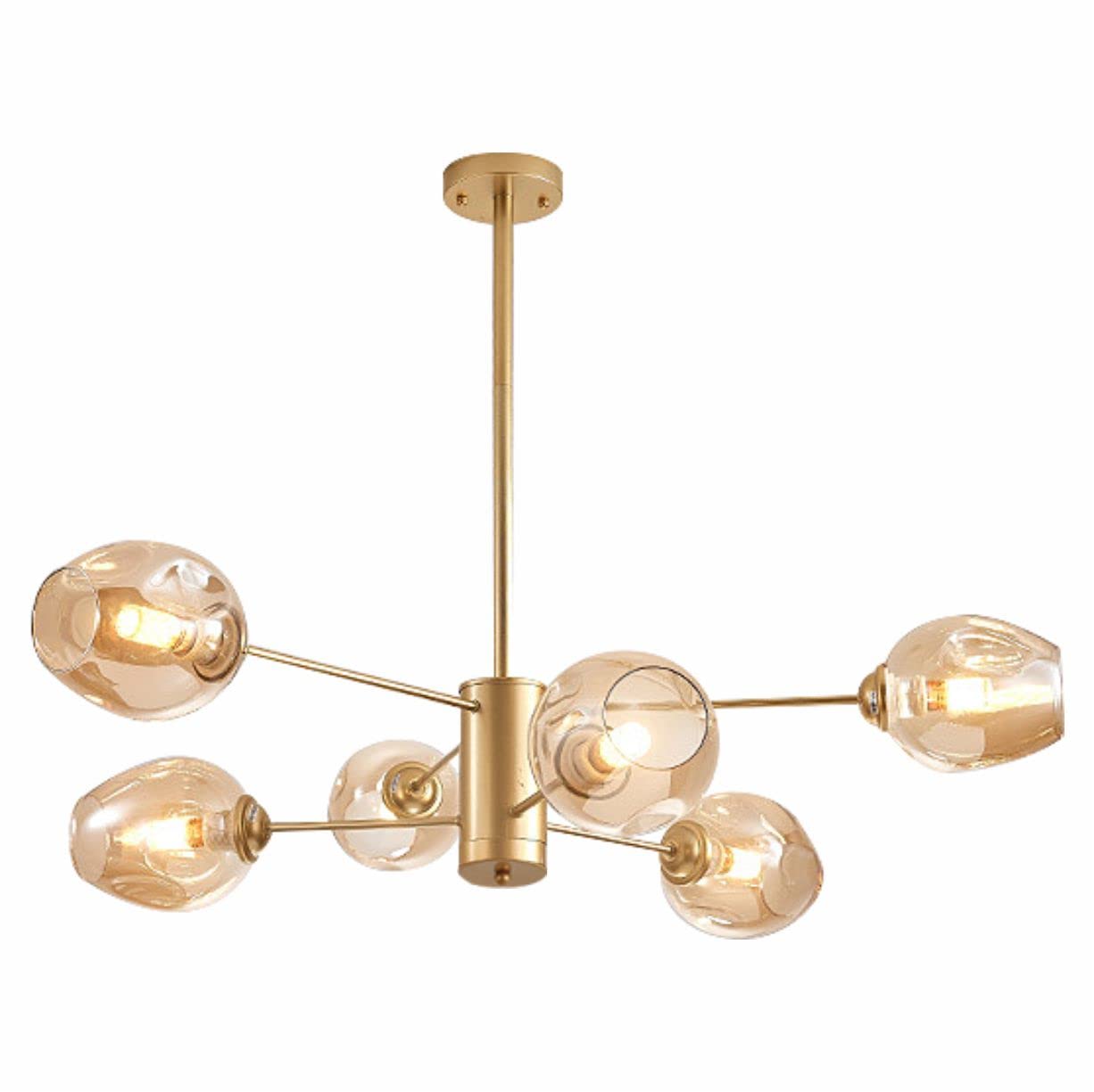 Flyrose Modern LED 6-Light Adjustable Chandelier with Clear Glass Globes - Mid-Century Sputnik Pendant Lamp in Cognac Finish - Energy Efficient Dining Room, Living Room, Bedroom Lighting Fixture for Home Decor & Interior Design