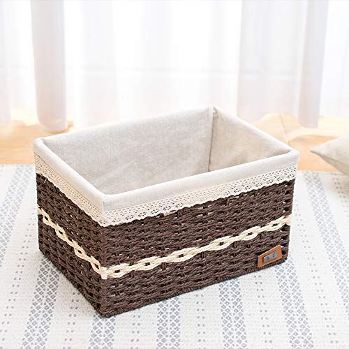Straw Woven Storage Basket with Lid - Rattan Desktop Organizer for Snacks, Remote Controls - Set of 2 (39x28x26cm) | Perfect for Home, Office & Nursery Organization