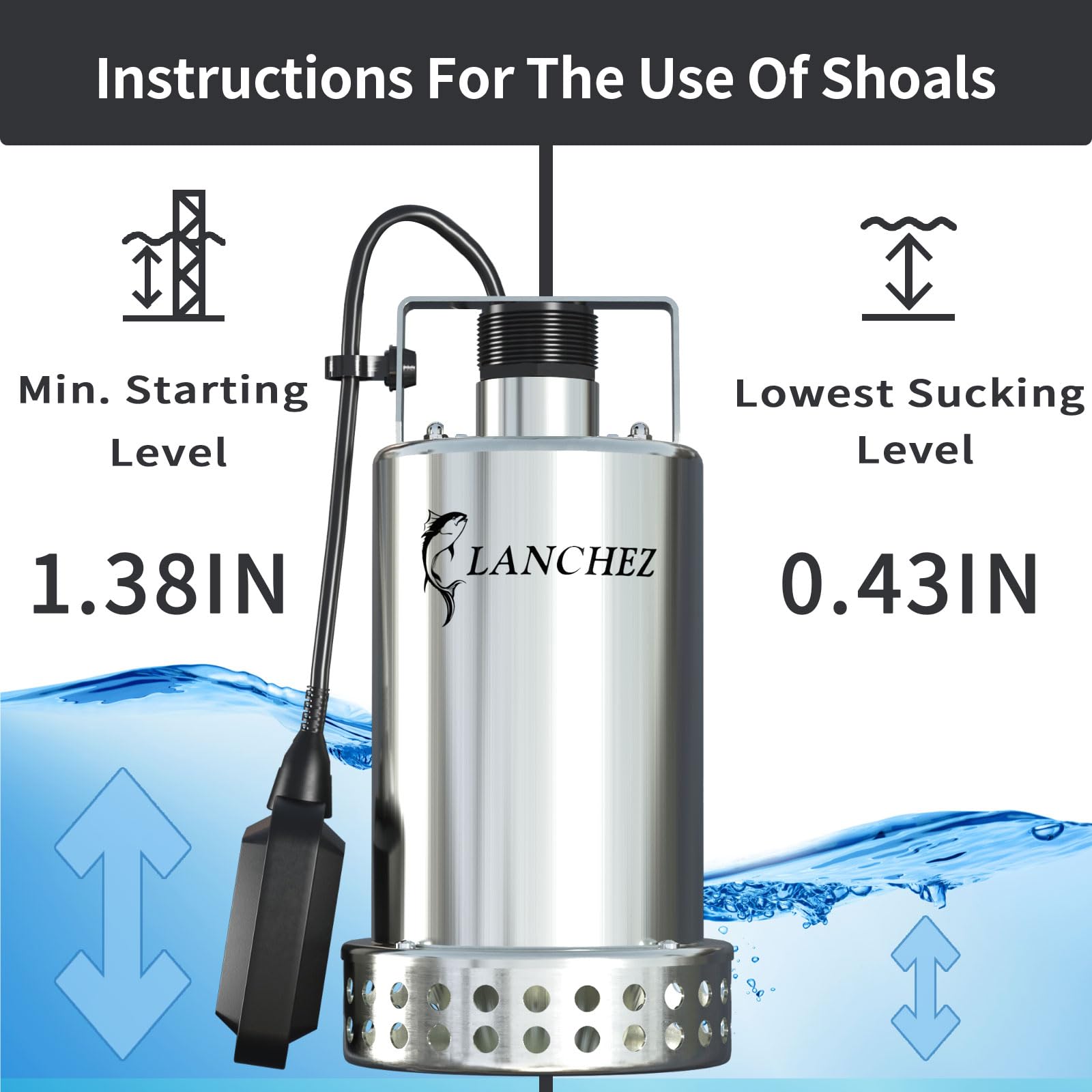 Lanchez 2610GPH Stainless Steel Submersible Sump Pump with Automatic Float Switch - Heavy Duty Portable Water Utility Pump with Copper Wire Motor & 25FT Cord - Ideal for Pool Draining, Pond Maintenance, Basement Flooding, and Emergency Water Removal