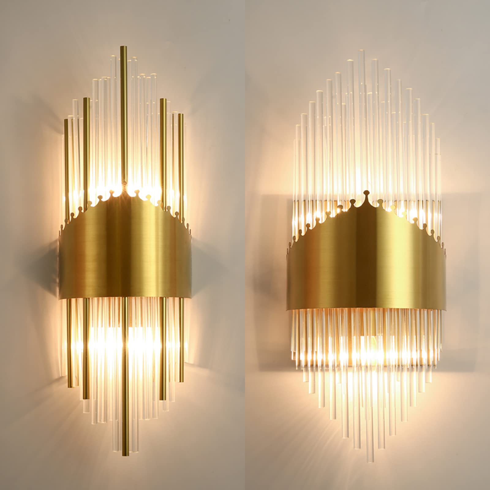 Crystal Wall Sconce Light Fixture - Gold Brass Base Modern Wall Lamp for Bedroom, Living Room, Hallway Decor - Perfect for Ambient Lighting & Home Interior Design