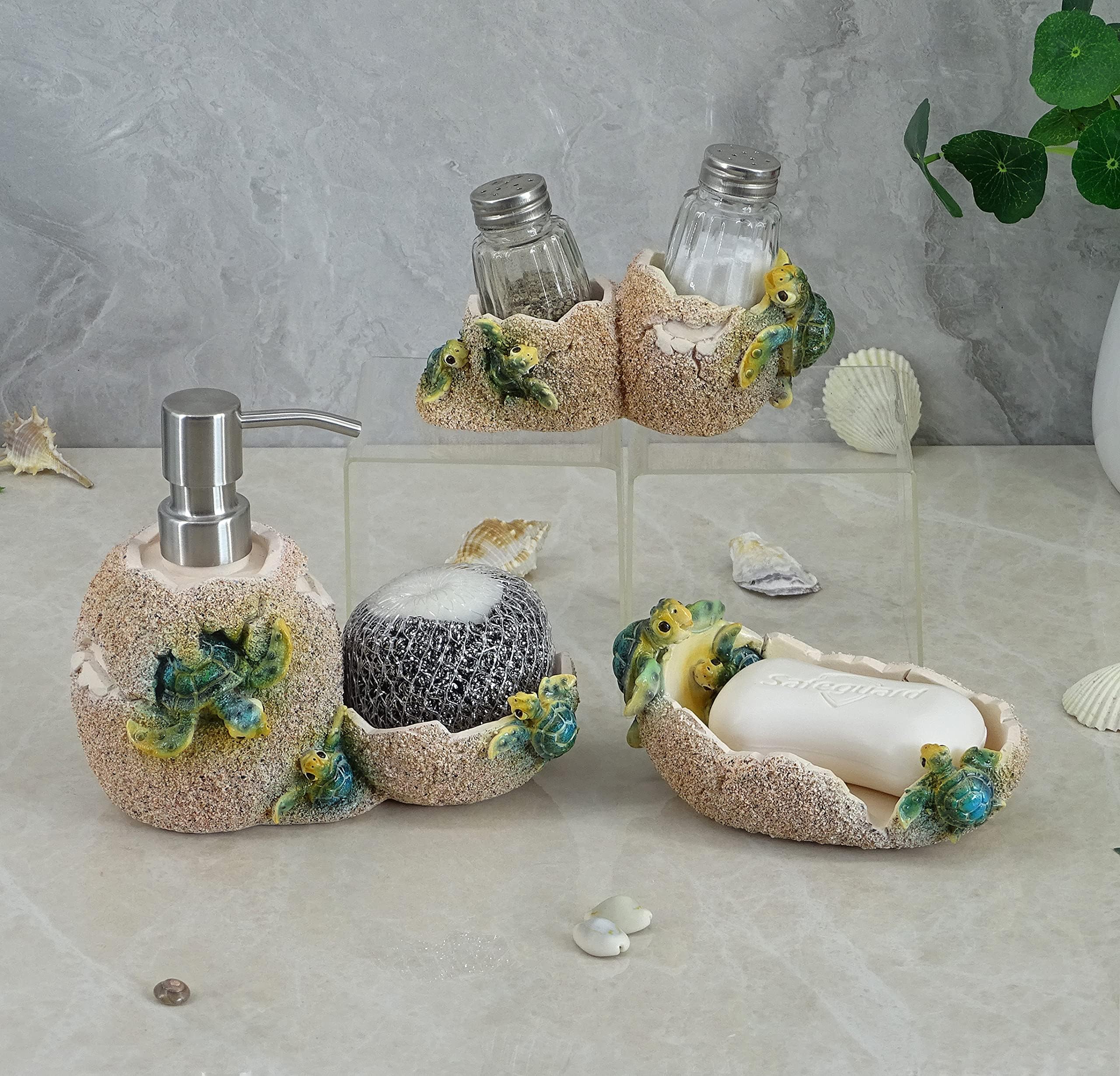 YHHRESINKING Sea Turtle Dish Soap Dispenser with Sponge Holder - Decorative Resin Baby Turtle Sink Organizer for Bathroom, Kitchen & Shower - Soap Tray & Sponge Storage Container (Blue) - Perfect for Beach House Decor & Coastal Themed Homes