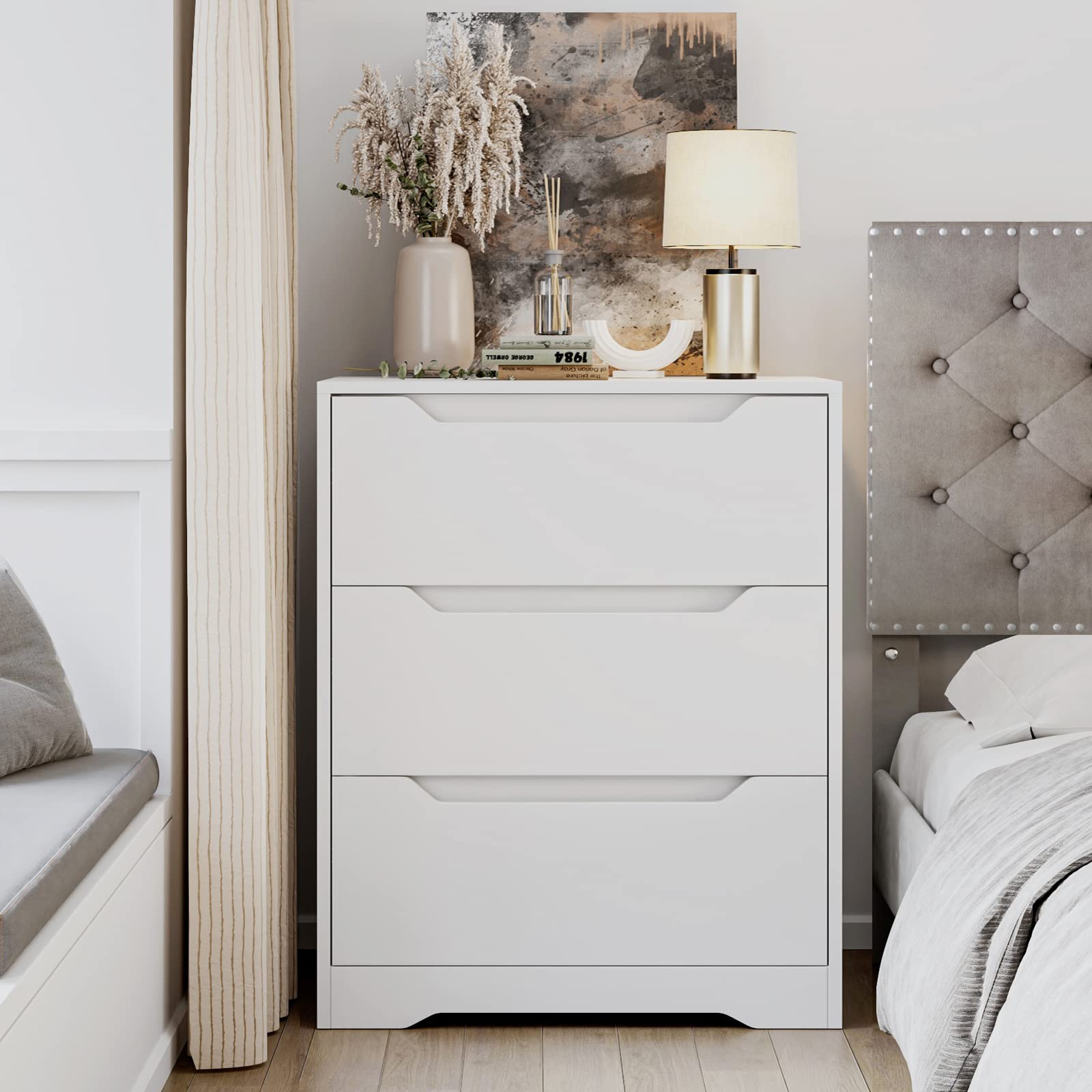 HOSTACK Modern 3-Drawer White Dresser - Wooden Storage Chest with Cut-Out Handles, Tall Nightstand & Accent Cabinet for Bedroom, Living Room, Entryway - Space-Saving Furniture for Small Apartments & Dorm Rooms
