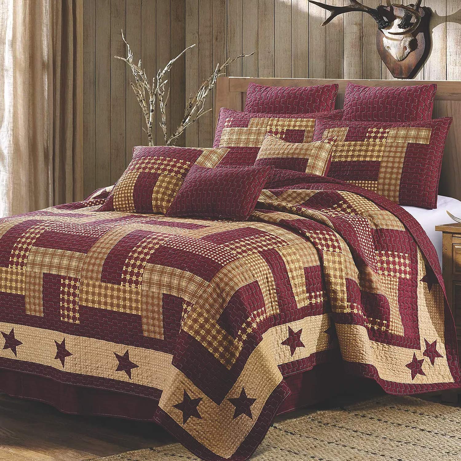 Virah Bella 3-Piece Full/Queen Quilt Bedding Set - Reversible Patchwork Comforter with Pillow Shams - Rustic Country Style in Homestead Red - Perfect for Farmhouse, Cottage & Cabin Decor