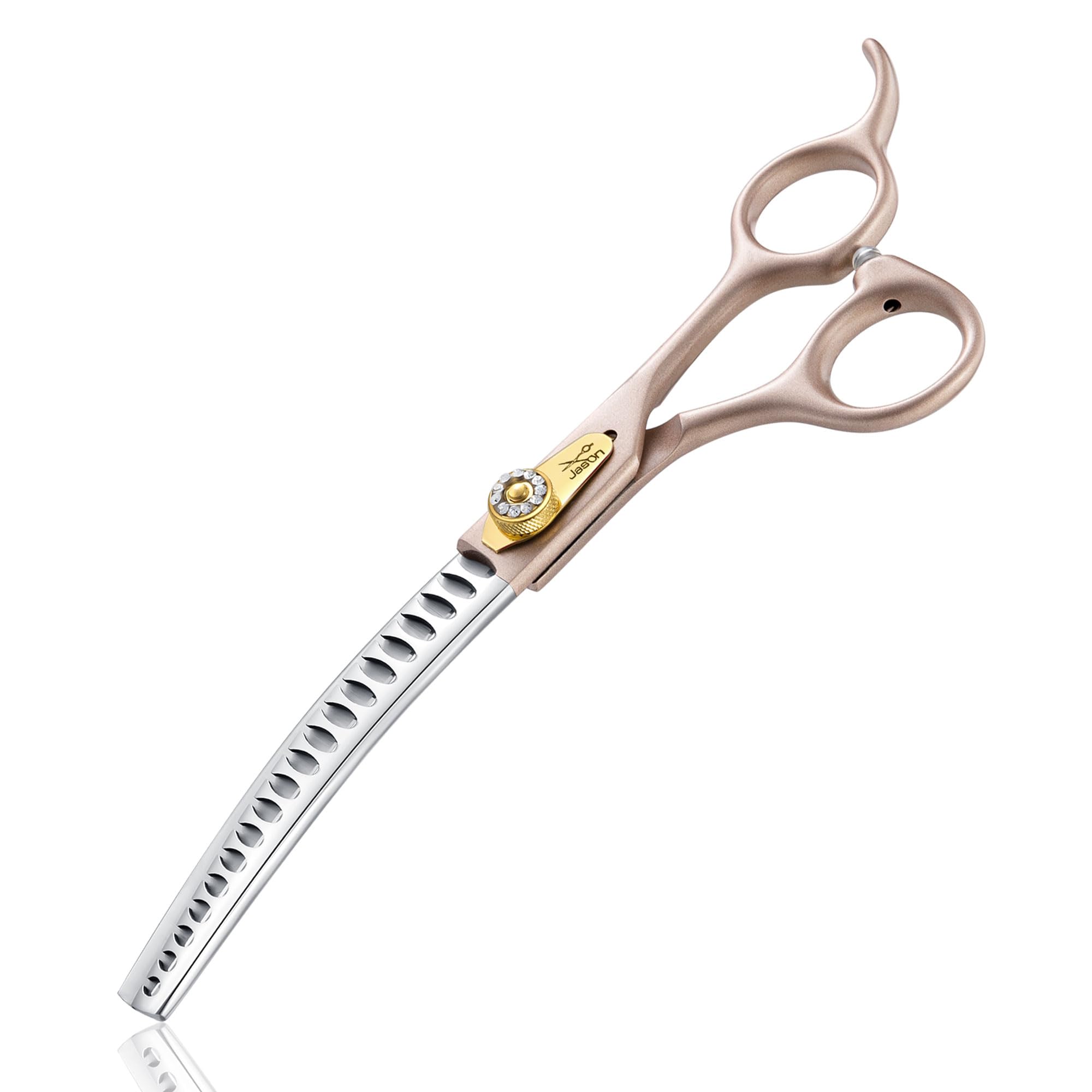 JASON Professional 7 Inch Curved Chunker Shears - Japanese 440C Stainless Steel Dog Grooming Scissors with 21 Fishbone Teeth & Diamond Screw (Rose Gold) - Perfect for Professional Pet Grooming, Styling, and Trimming Thick Dog Coat