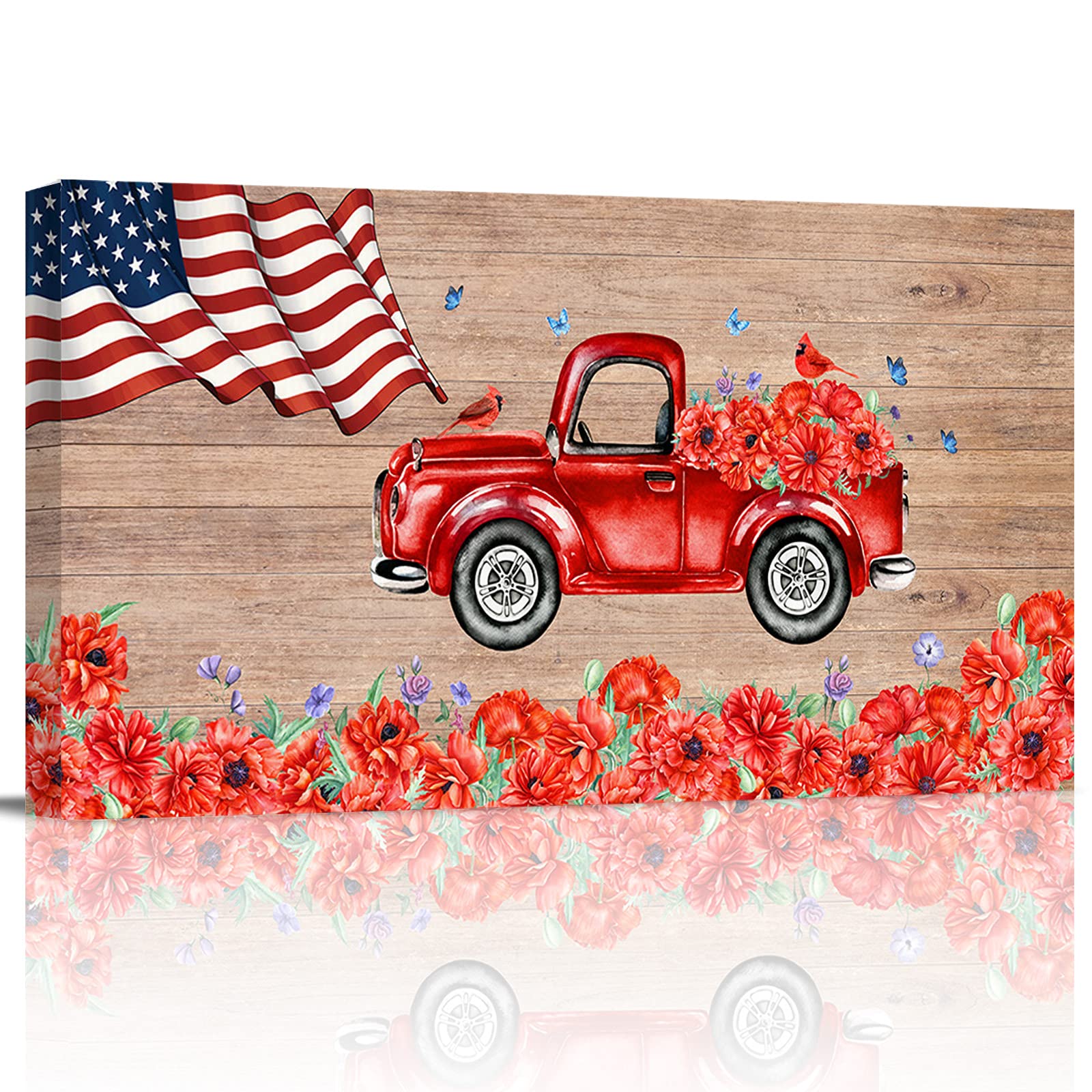 Vintage American Flag Red Truck with Flowers Canvas Wall Art - Framed Wood Picture, Abstract Painting Print, Ready to Hang (8