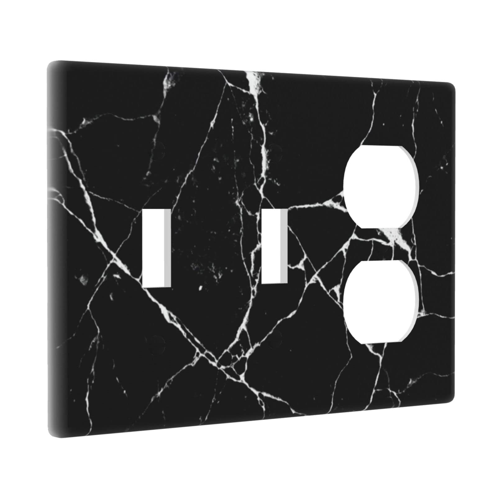 Black Marble Toggle Duplex Outlet Wall Plate - 3 Gang Light Switch Cover with Decorative Texture for Laundry, Living Room, Bathroom & Bedroom - Electrical Receptacle Accessory for Home Decor and Safety