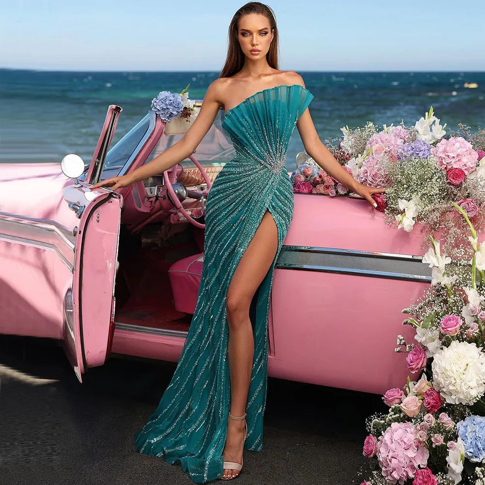 Elegant Green Mermaid Evening Gown with High Slit & Beaded Off-Shoulder Design - Luxury Dubai Party Dress for Women 2025 | Perfect for Galas, Red Carpet Events & Formal Occasions