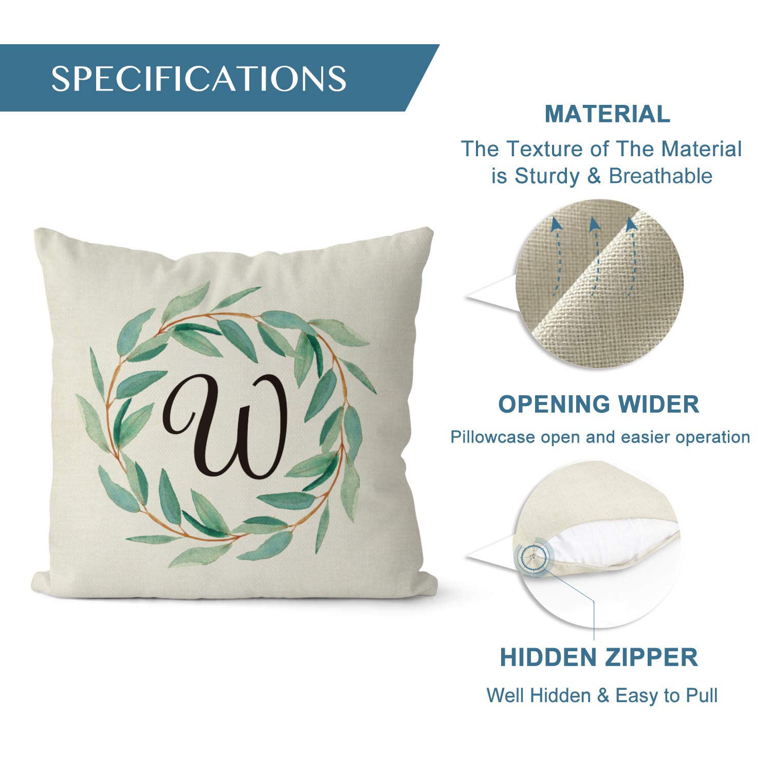 Custom Monogram Initial & Family Name Throw Pillow Cover - 18x18 Inch Linen Cushion Case with Wreath & Leaves Design for Sofa, Couch - Perfect for Home Decor, Living Room, Bedroom, and Seasonal Decor (Spring/Summer)