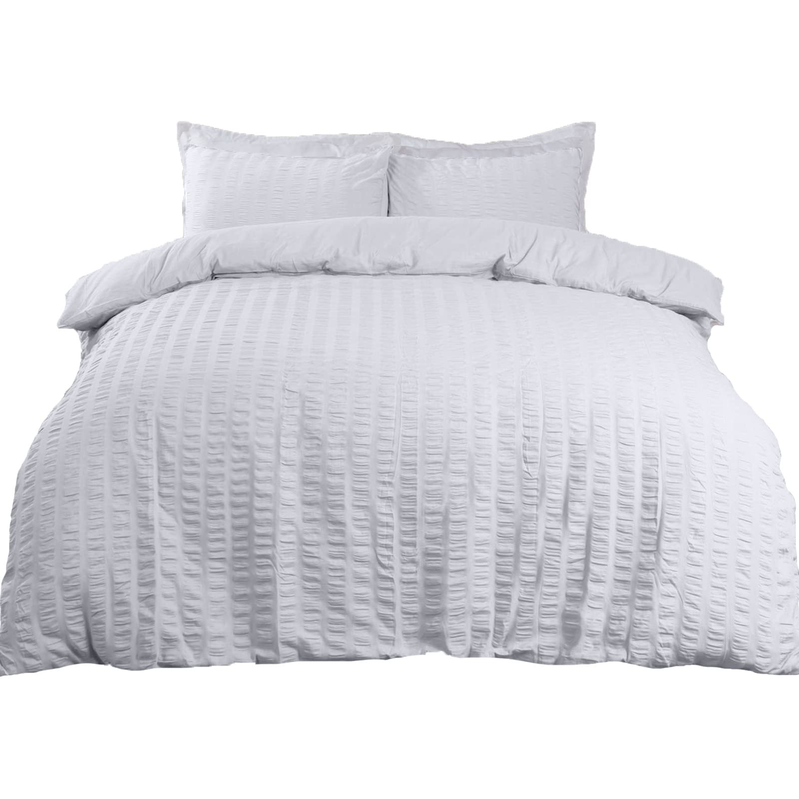 Highams Seersucker Double Bed Duvet Cover Set with Pillowcases - Luxury White Bedding for Master Bedroom & Guest Room - Breathable Summer Bedding Set for Hot Sleepers