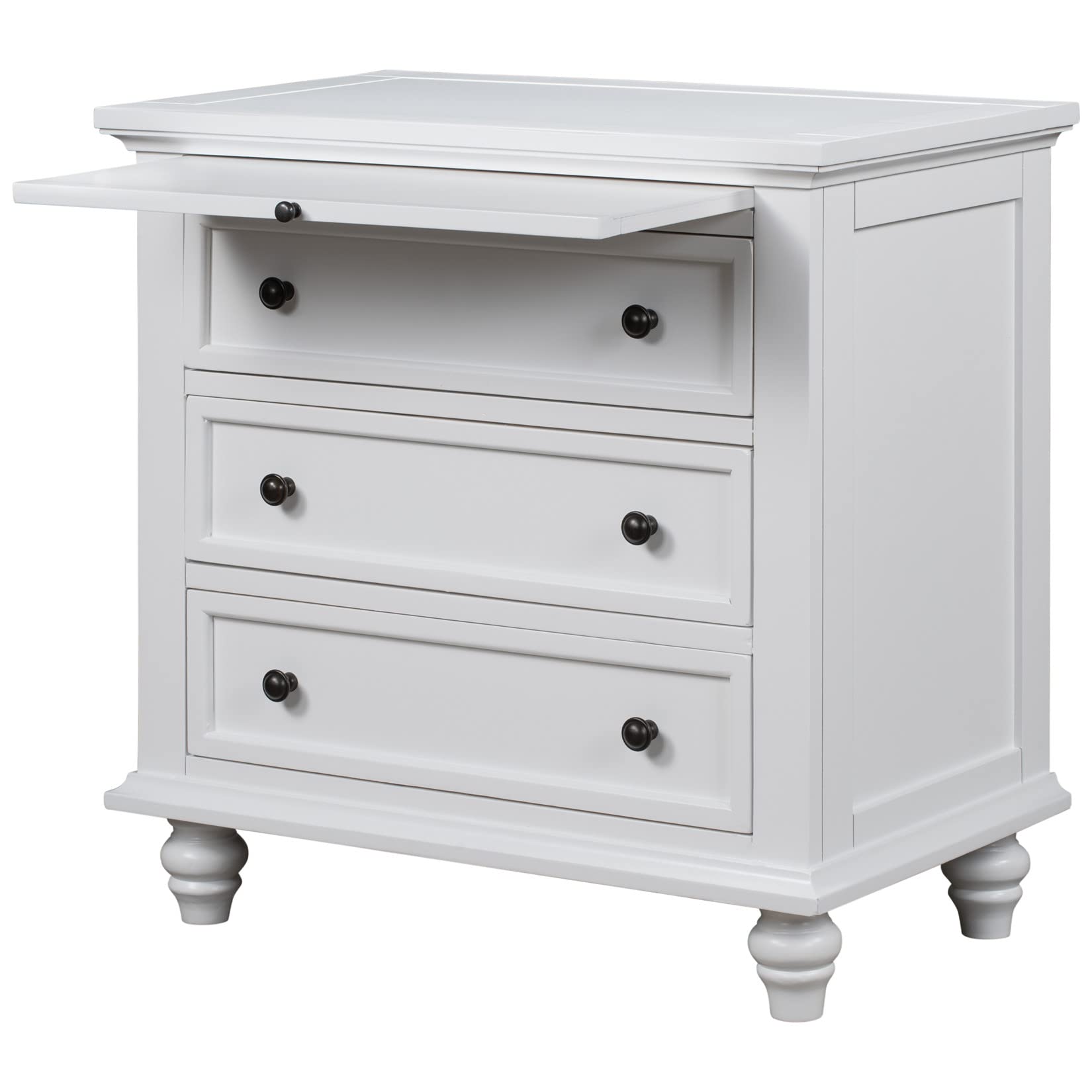 White Wood 3-Drawer Nightstand with Pull-Out Tray - 28