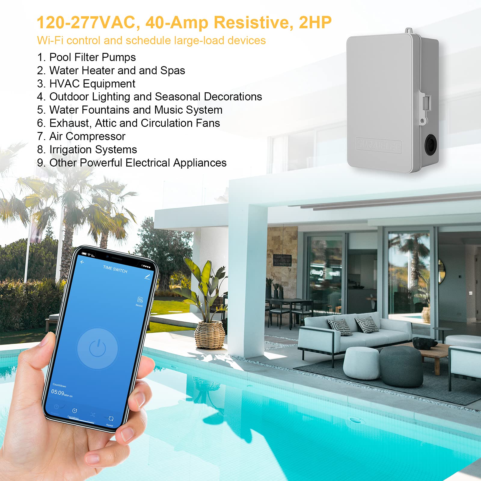 SURAIELEC WiFi Pool Timer - 40 AMP Heavy Duty Smart Switch for Pumps, Heaters & Spas | 1HP 120V & 2HP 240V | Indoor/Outdoor Pool Controller for Water Heaters, Powerful Appliances | Perfect for Backyard Pools, Hot Tubs & Home Automation