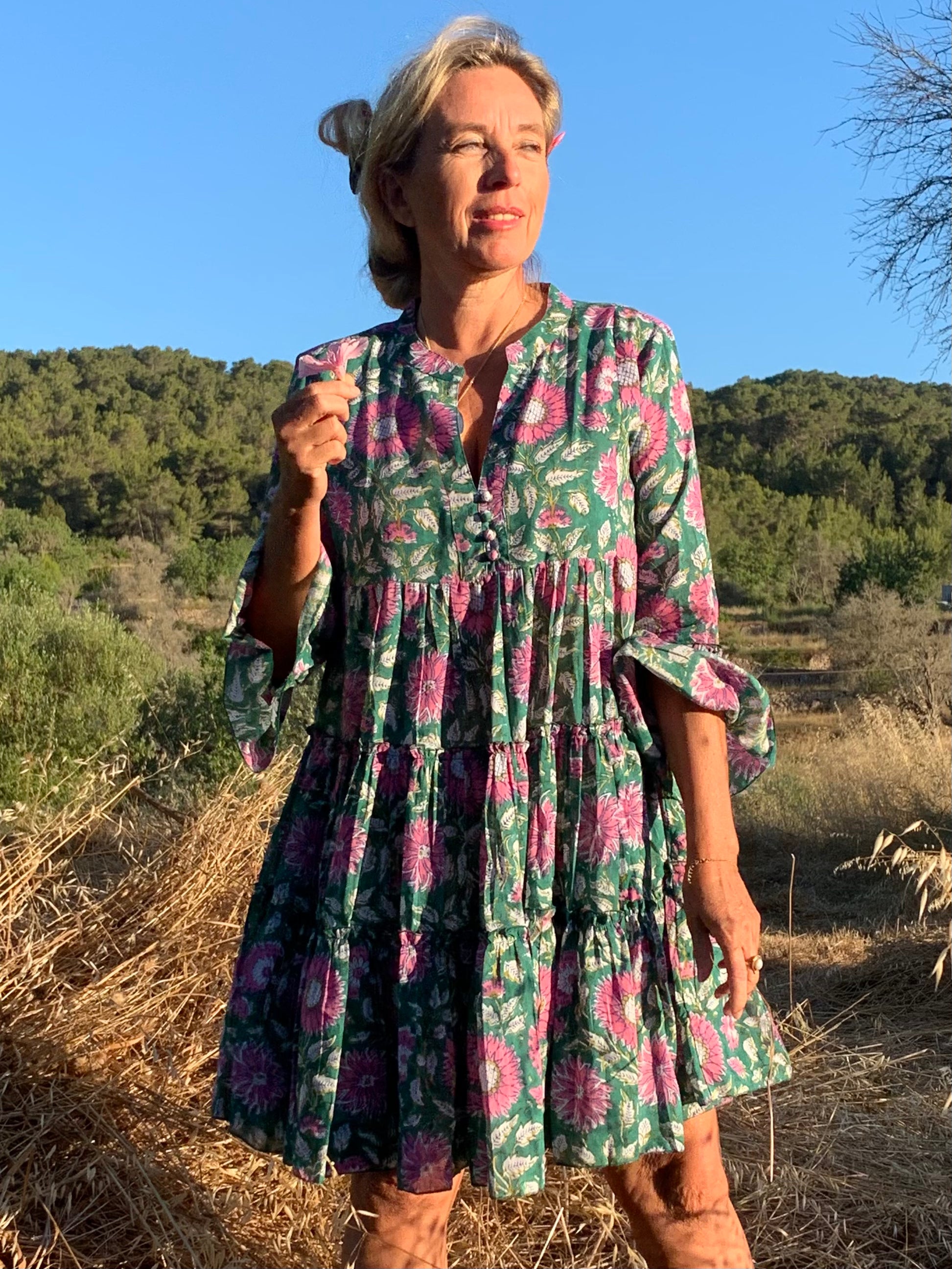 Geo Print Short Sunflower Dress - Floral Summer Dress for Women - Perfect for Beach, Vacation & Casual Outings