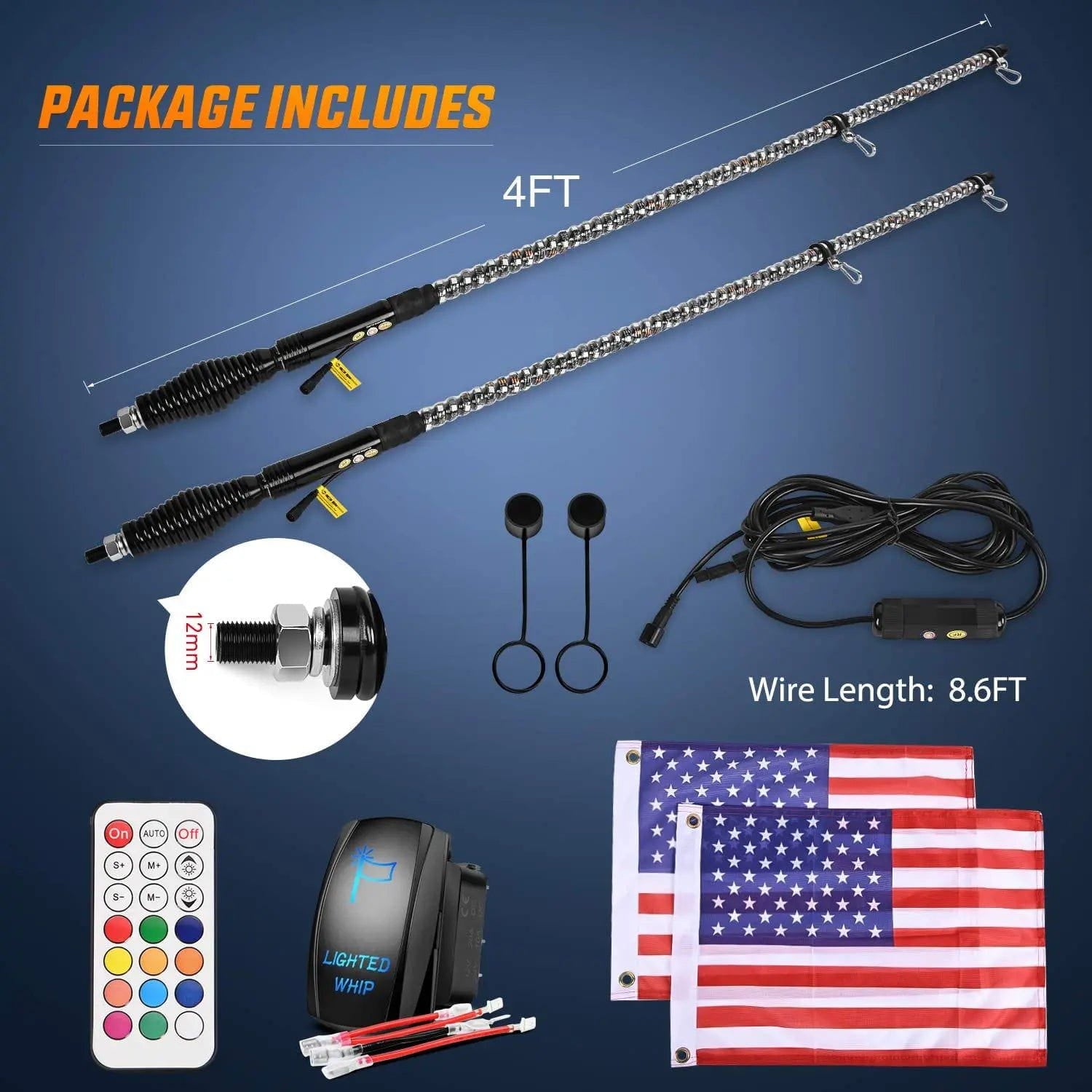 2Pcs 4FT Spiral Antenna with Spring Base LED Whip Light - RF Remote Control & 8.6FT Wire 5Pin Switch | Off-Road Vehicle, Truck, ATV, UTV Accessories for Night Riding & Outdoor Adventures