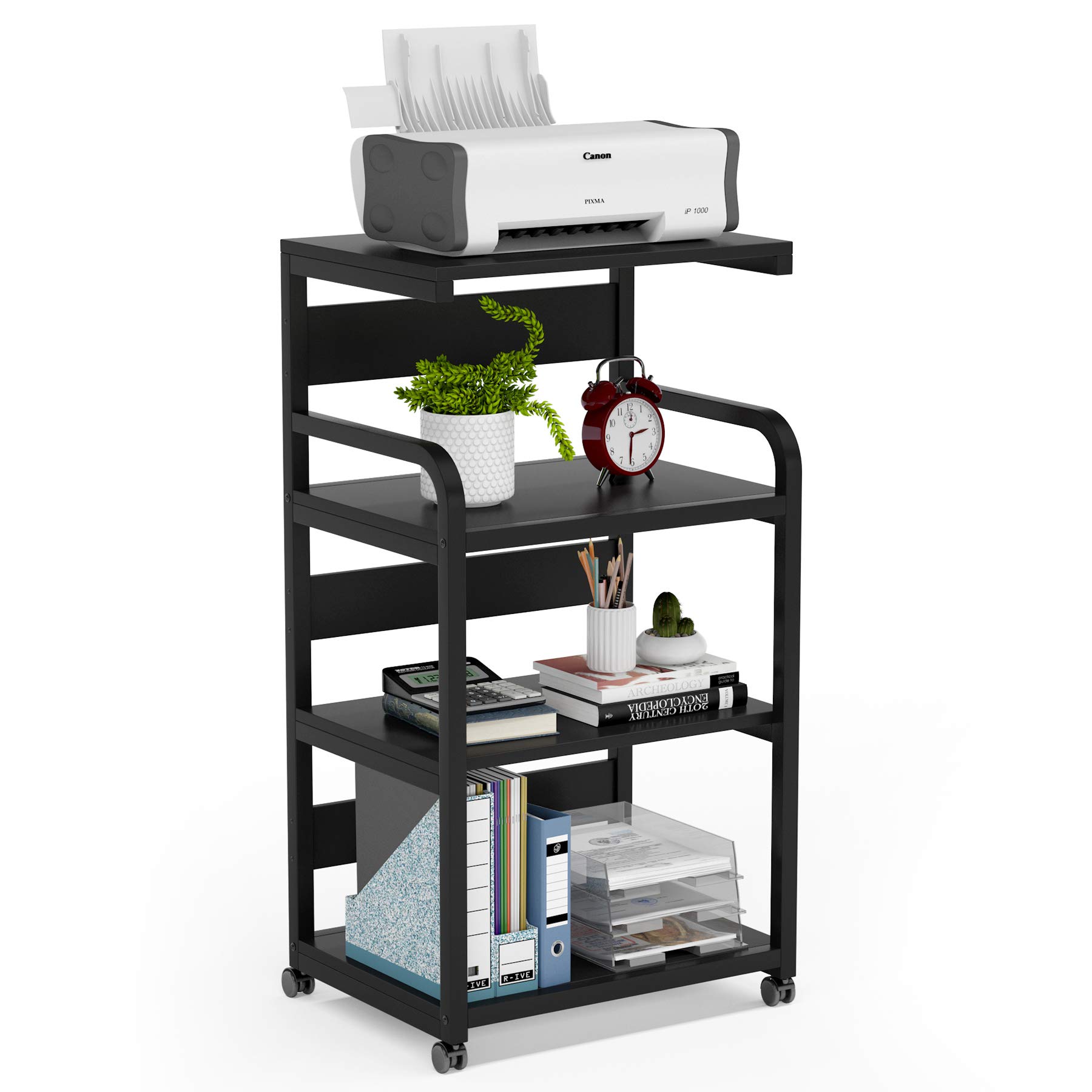 Tribesigns 4-Shelf Rolling Printer Stand with Storage - Mobile Printer Cart with Wheels for Home Office, Modern Printer Desk Organizer for HP, Epson, Canon Printers (Black) - Perfect for Small Spaces & Office Organization