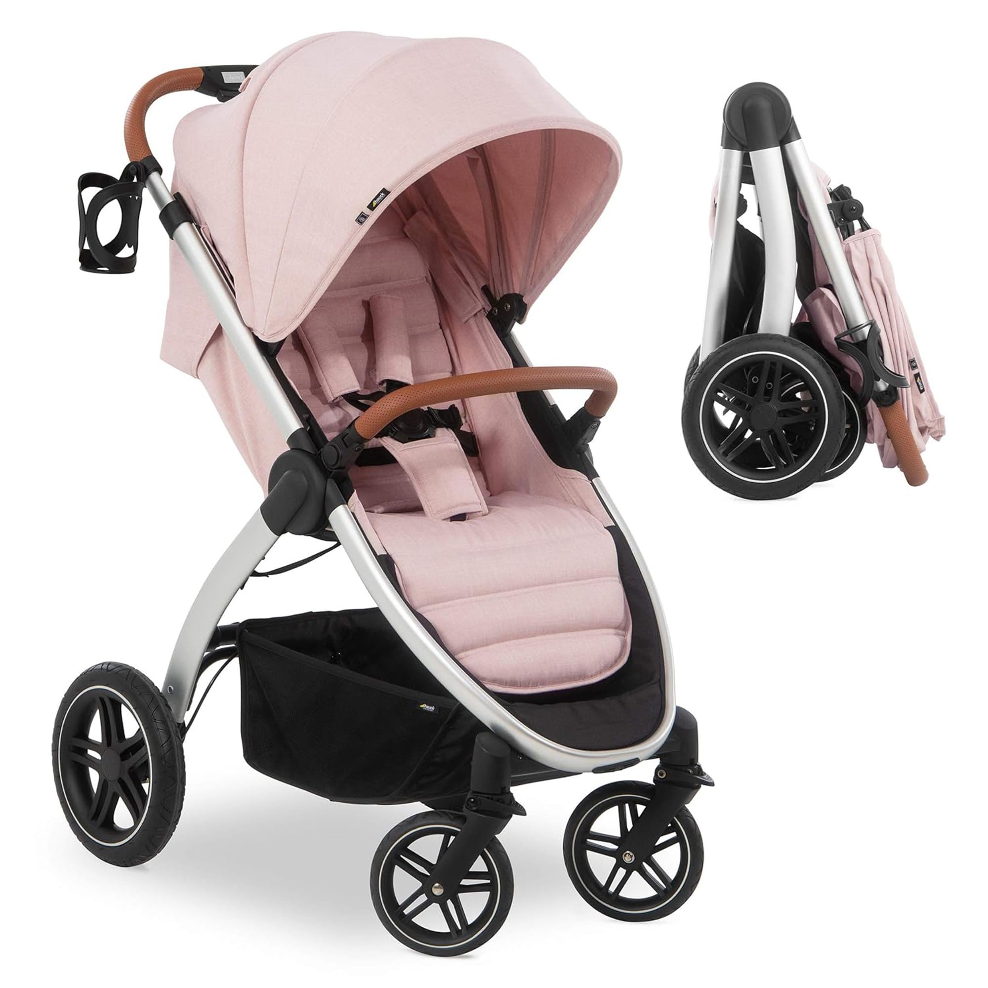 Hauck Uptown Deluxe Stroller - Lightweight Compact Foldable Baby Stroller with One-Hand Fold, Full Recline, Adjustable Handle Height & Cup Holder - Supports Up to 55 lbs - Melange Rose - Perfect for City Walks, Shopping & Travel