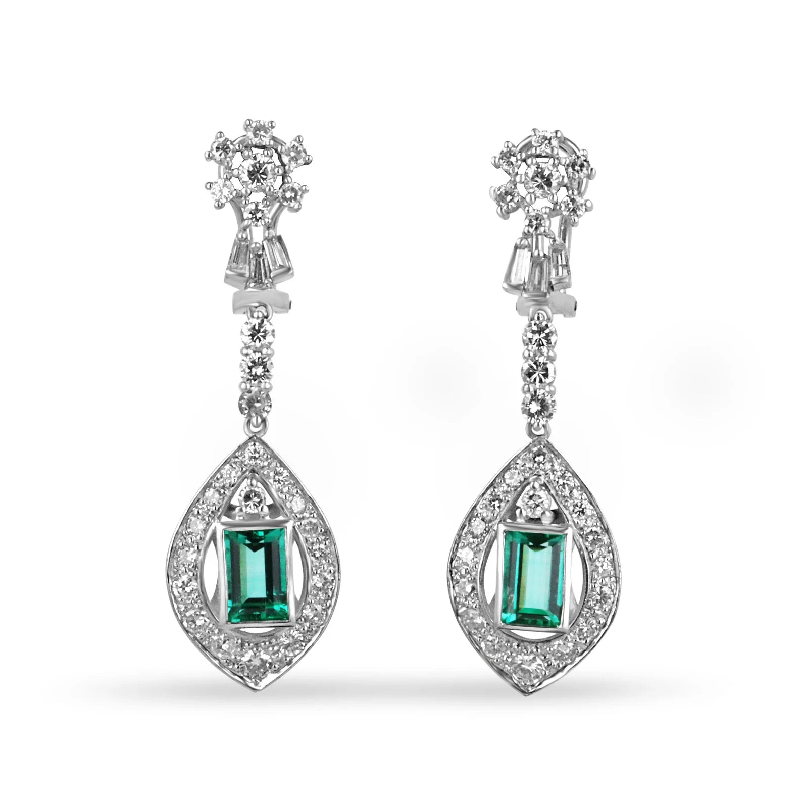 6.20tcw Art Deco Style Colombian Emerald & Diamond Drop Earrings in 18K Gold - Perfect for Weddings, Parties & Special Occasions