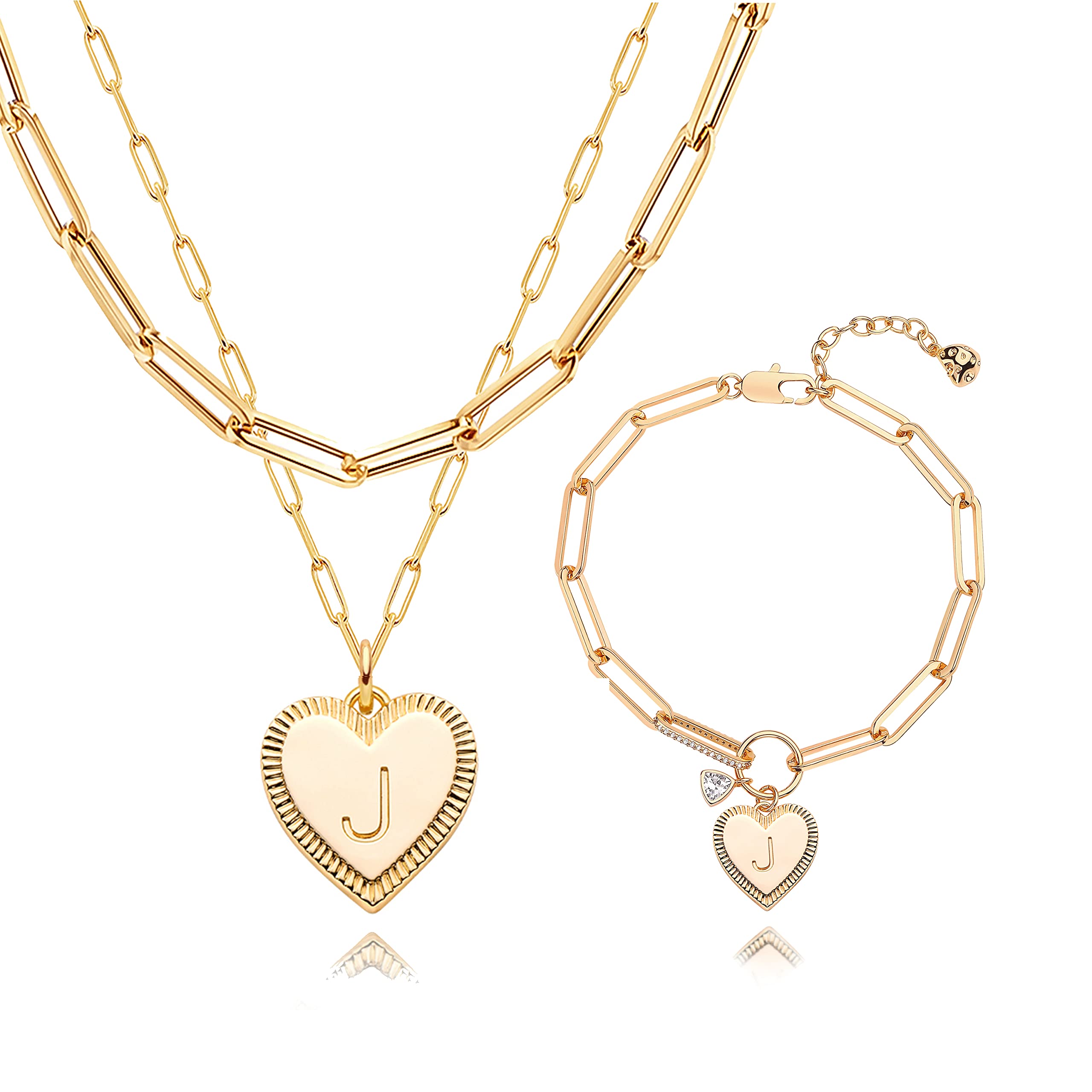 14K Gold Plated Women's Jewelry Set - Initial Heart Layered Necklace & Bracelet, Dainty Paperclip Choker Chain with Pendant Link for Everyday Wear, Gift Giving & Special Occasions