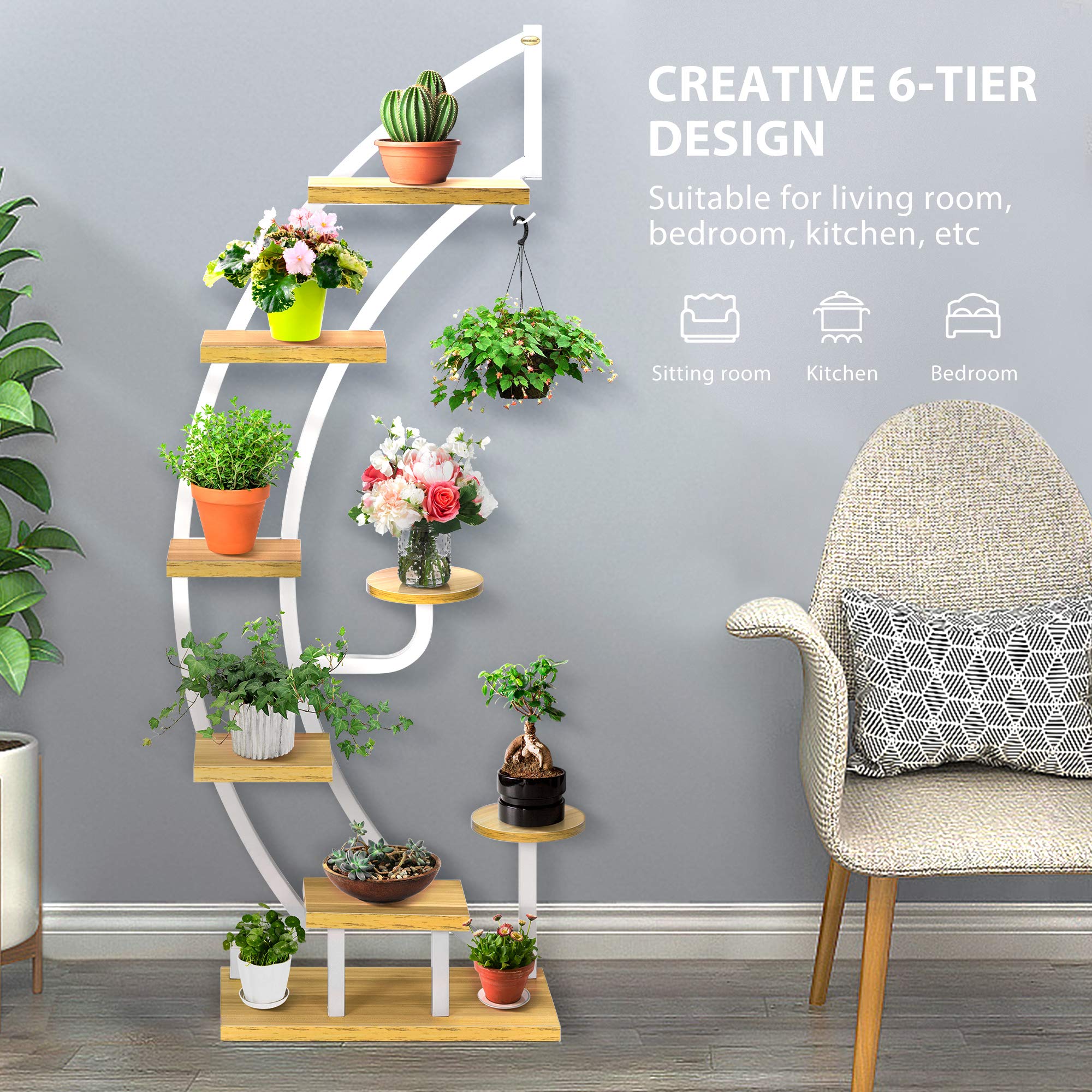 VIVOHOME 6 Tier 9 Potted Steel-Wood Plant Stand with Hanger - Curved Flower Pot Holder Shelf for Indoor Plants - Perfect for Living Room, Balcony, and Home Decor
